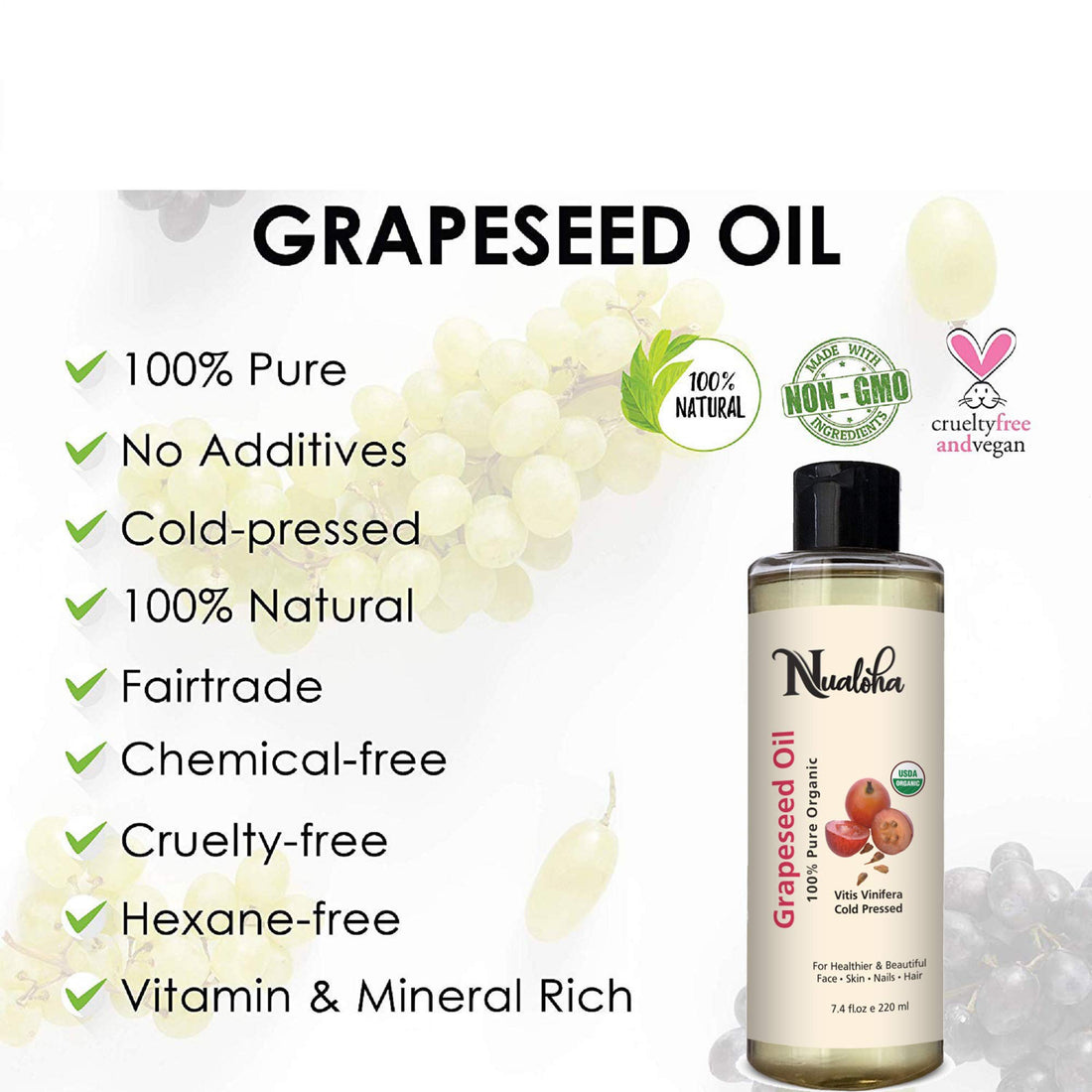Nualoha Organic Grape Seed Oil, 100% Pure Cold Pressed Carrier Oil For Acne Prone Skin, Hair Care, Face Cleanser, Anti-Aging Moisturizer for Wrinkles and Stretch Marks -220 ML