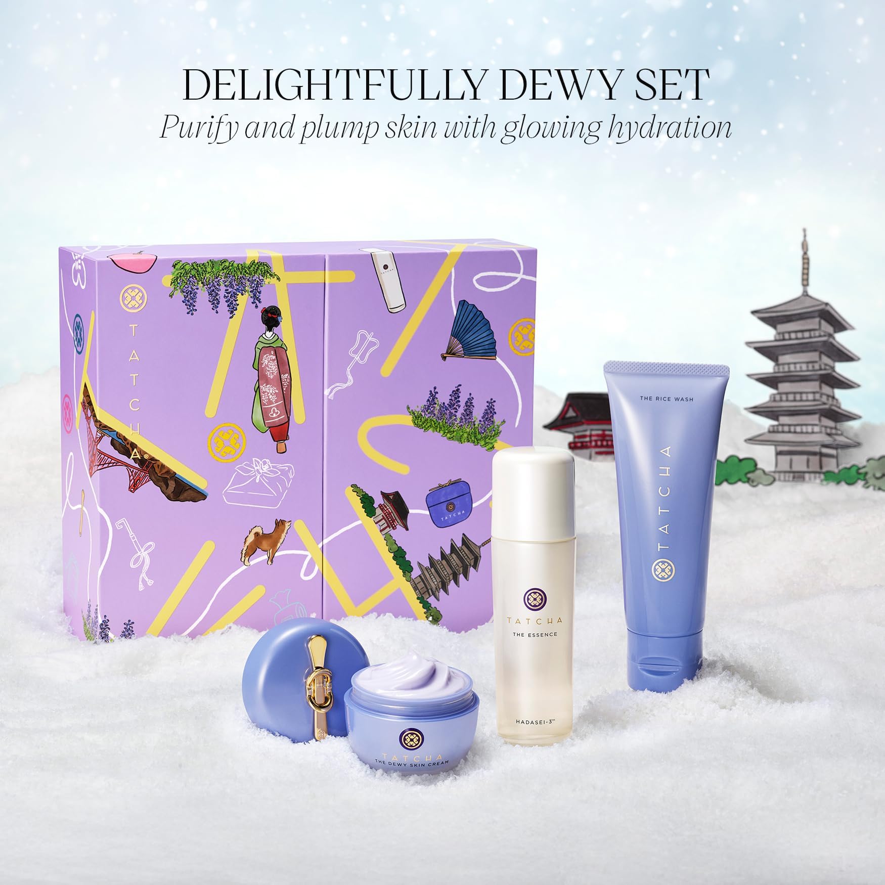 TATCHA Delightfully Dewy Set | Holiday Gift Set - The Rice Wash, The Dewy Skin Cream, and The Travel-Sized Essence ($177 Value)