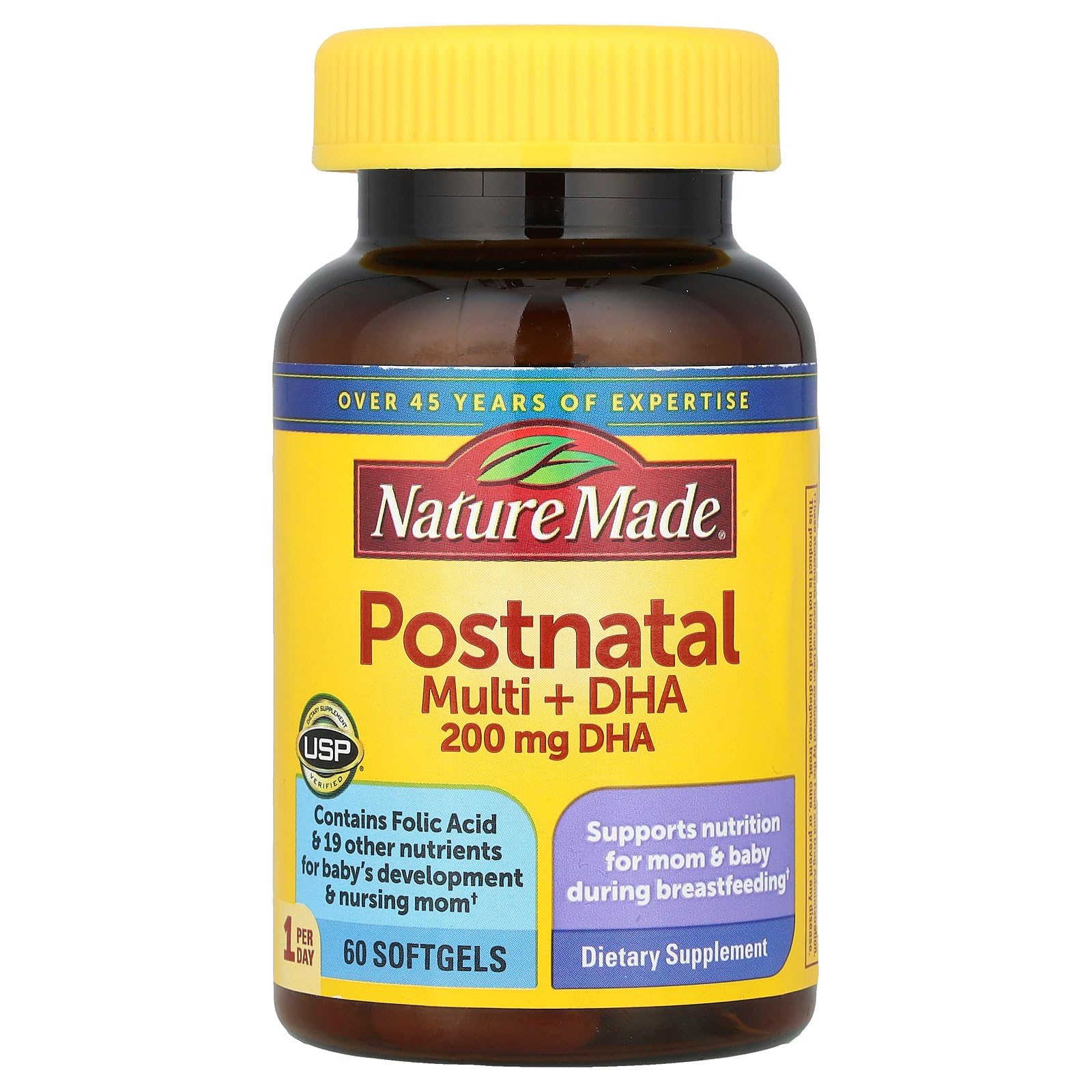 Nature Made Postnatal Multivitamin + DHA 200 mg, 60 Softgels, to Support Nursing Moms & Babies During Breastfeeding, Postnatal Vitamins & Nutrients Include Iron, Vitamin D3, Calcium, Iodine