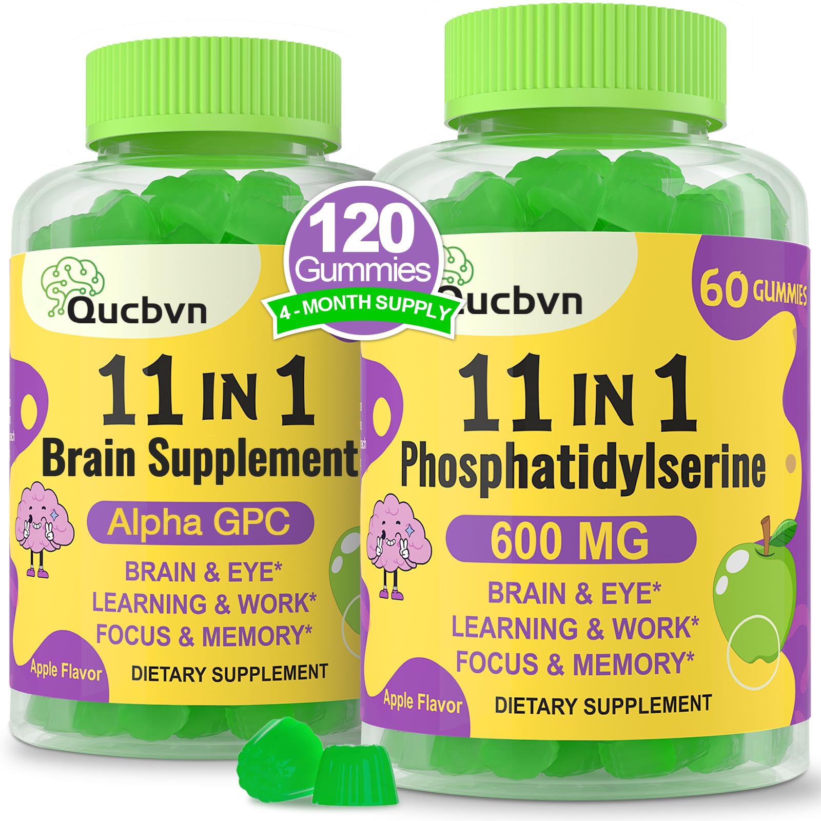 Phosphatidylserine Supplement 600mg, Alpha Brain Gummies for Memory, Cognitive, Focus and Concentration - Phosphatidylserine Memory Supplement with B6 & B12, Bacopa Monnieri and Folic Acid - 120 Count