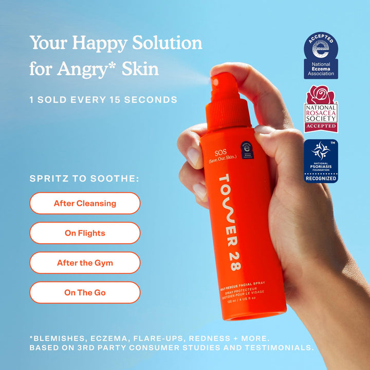 Tower 28 SOS Daily Rescue Facial Spray for Sensitive Skin, Hypochlorous Acid Spray Helps Reduce Redness and Breakouts, Full Size Toner for Face, 4 FL Oz