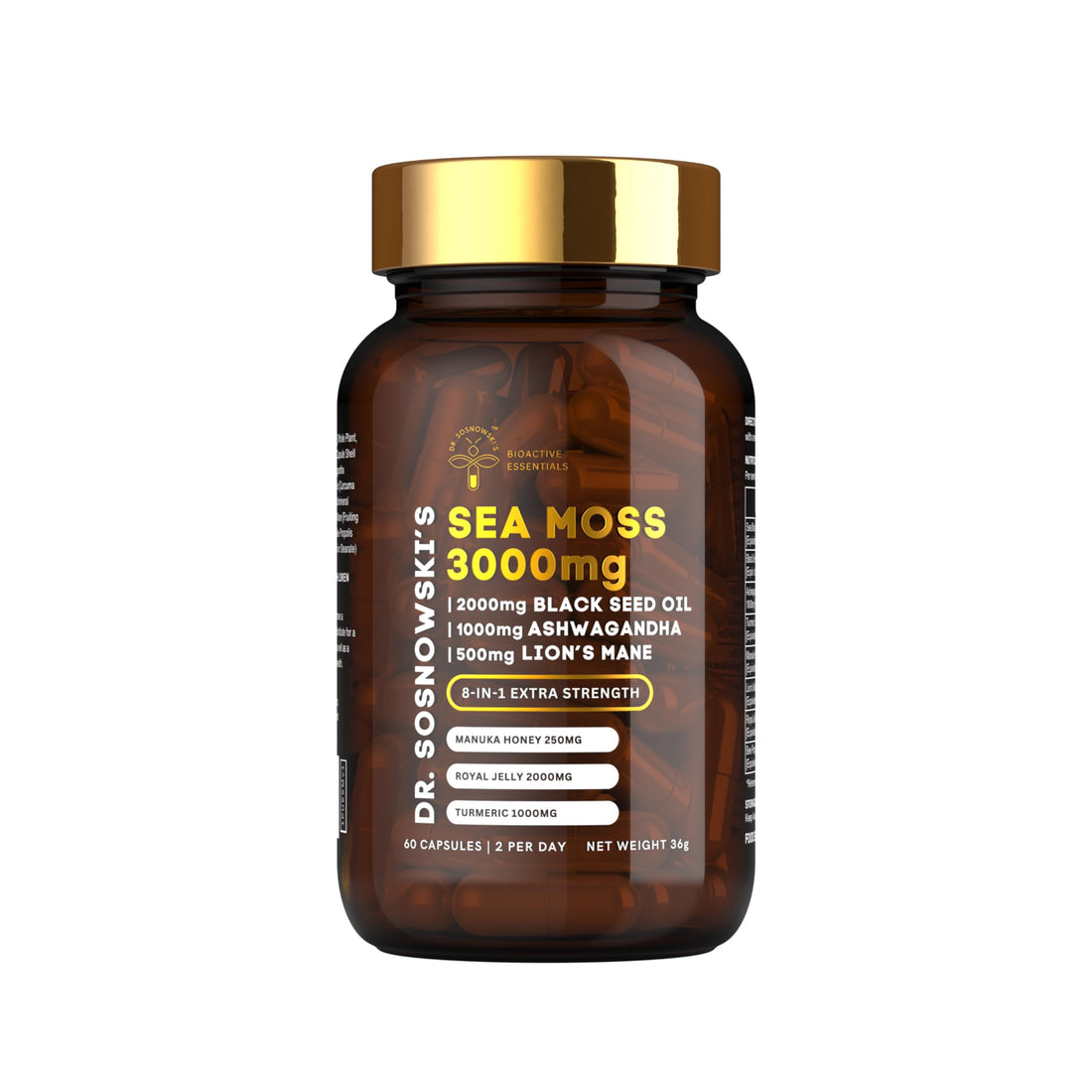 Dr Sosnowski's BioActive Seamoss 8-in-1 Formula Enriched with Black Seed, Ashwagandha, Turmeric, Manuka Honey, Lion's Mane, Royal Jelly, Bee Propolis Extract| 60 Capsules