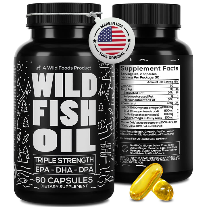 Wild Foods Fish Oil Omega 3 Supplements | 1600 mg | Highly-Potent: DPA, DHA, EPA | Burpless, Odorless, Non-GMO, Gluten Free | For Brain & Heart Health, Joint Support | 60 Capsules (1 pk) | 30 Servings