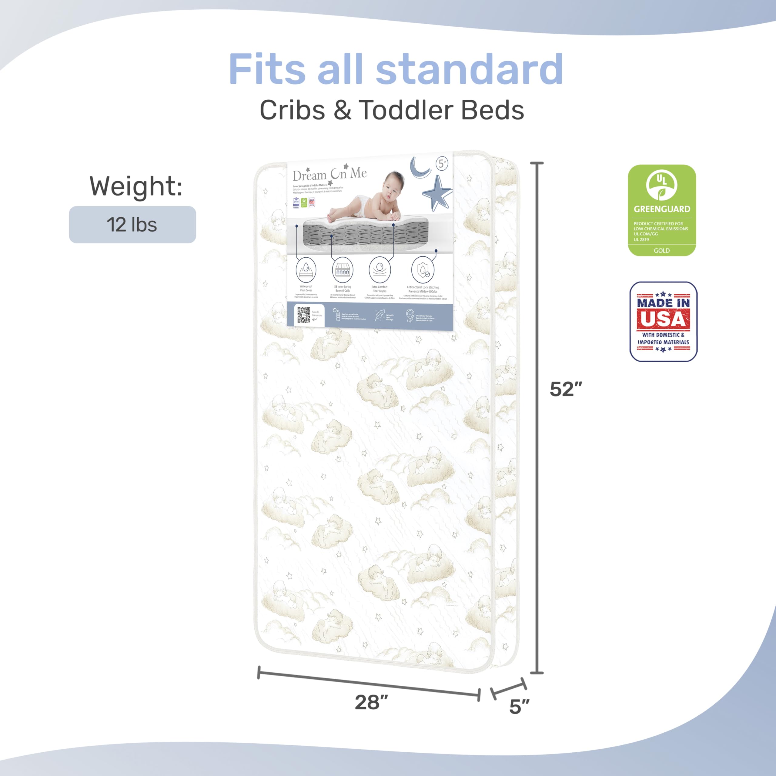 Dream On Me Twilight 5” 88 Coil Inner Spring Crib And Toddler Mattress, Greenguard Gold Certified, 10 Year Limited Warranty, Waterproof Vinyl Cover, Made In The U.S.A, Support And Comfort