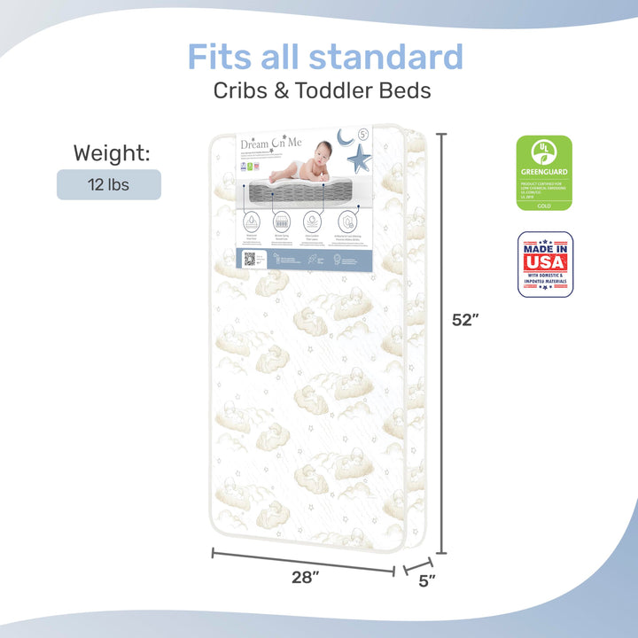 Dream On Me Twilight 5” 88 Coil Inner Spring Crib And Toddler Mattress, Greenguard Gold Certified, 10 Year Limited Warranty, Waterproof Vinyl Cover, Made In The U.S.A, Support And Comfort