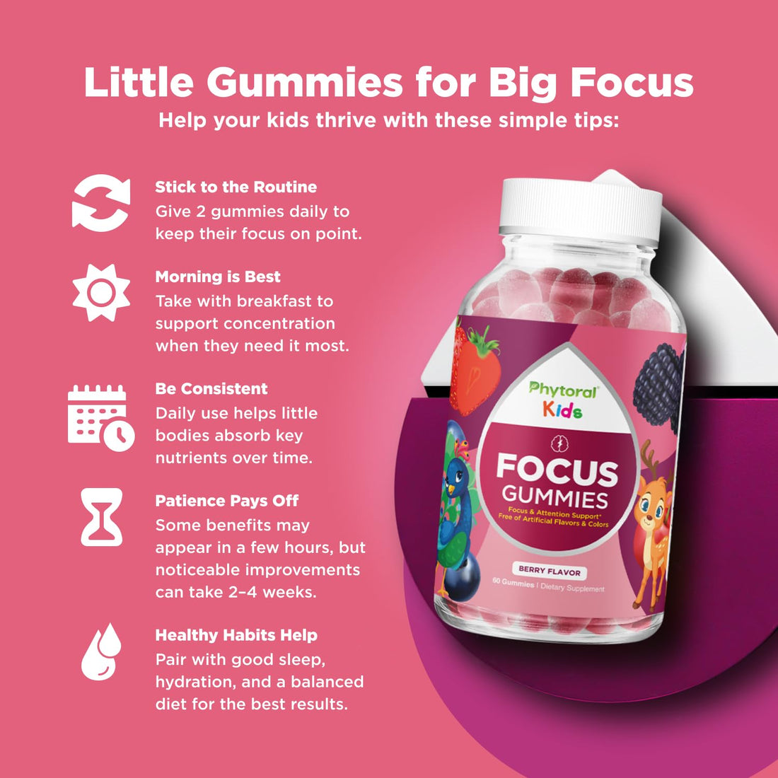 Phytoral Vegan Kids Focus Gummies - Potent Chewable Brain Support for Children - Enhances Concentration & Memory - Calming Supplements & Focus Gummies for Kids - Non-GMO & Gluten-Free - 60 Count