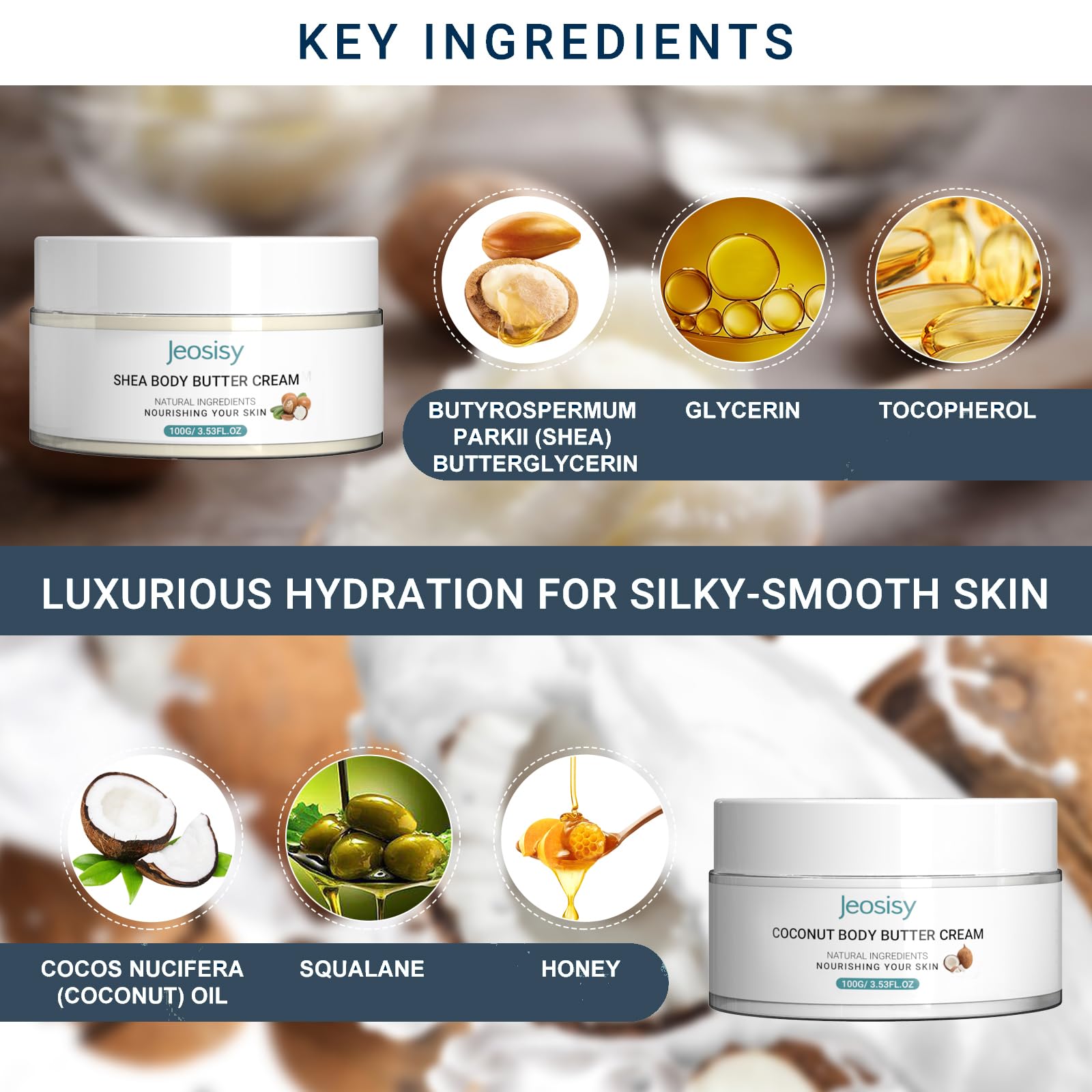jeosisy Body Butter Set of 2 - Coconut Butter & Shea Butter for Dry Skin, After Sun Hydrating Nourishing Soothe Skincare Coconut Oil Moisturizing Gift for Women Girl Natural Scent,3.53oz*2