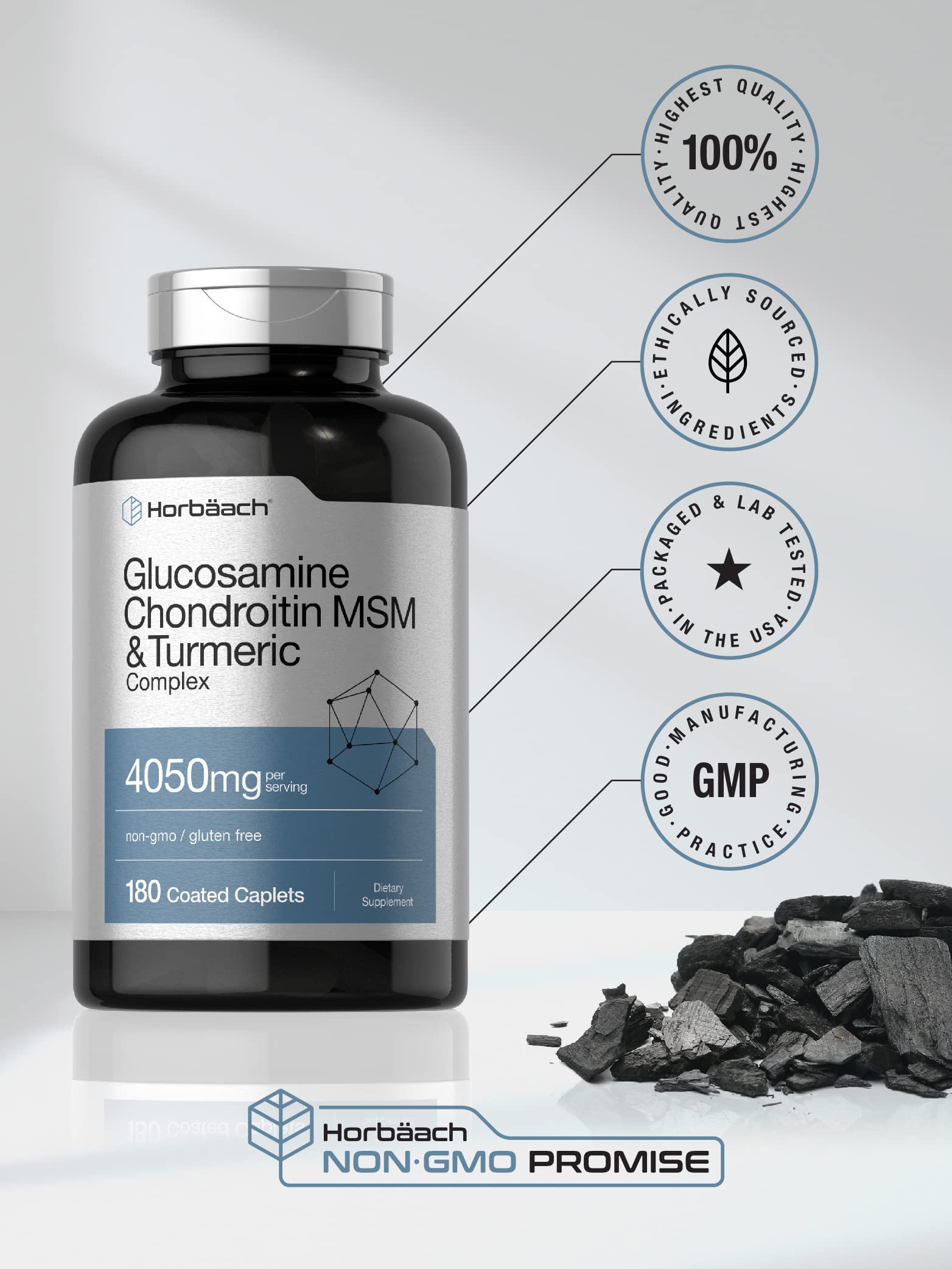 Horbäach Glucosamine Chondroitin with Turmeric & MSM | 4050 mg | 180 Caplets | Triple Strength Formula | Non-GMO, Gluten Free