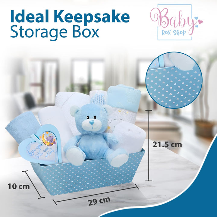 Baby Box Shop Baby Boy Gift Basket for New Born Baby Boys - New Baby Boy Gift Set with Baby Boy Basket Gift Set - New Born Baby Boys Gift, Baby Gift Sets, Gift Baskets for New Parents (Blue)