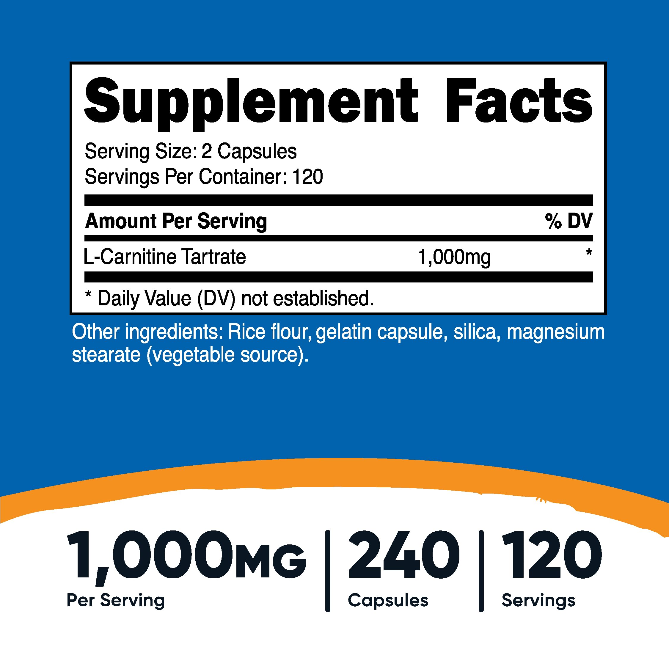 Nutricost L-Carnitine Tartrate 1,000mg, 240 Capsules - 500mg Per Capsule, 120 Servings