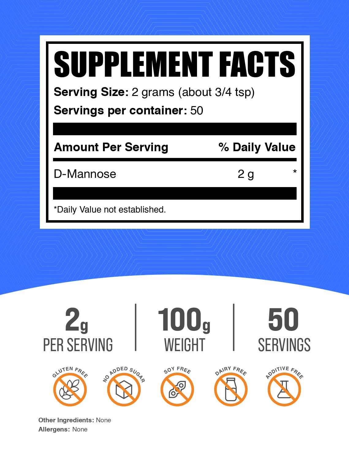 BulkSupplements.com D-Mannose Powder - D-Mannose Supplement, D-Mannose 2000mg - Urinary Tract Health, Unflavored & Gluten Free - 2000mg per Serving, 100g (3.5 oz) (Pack of 1)