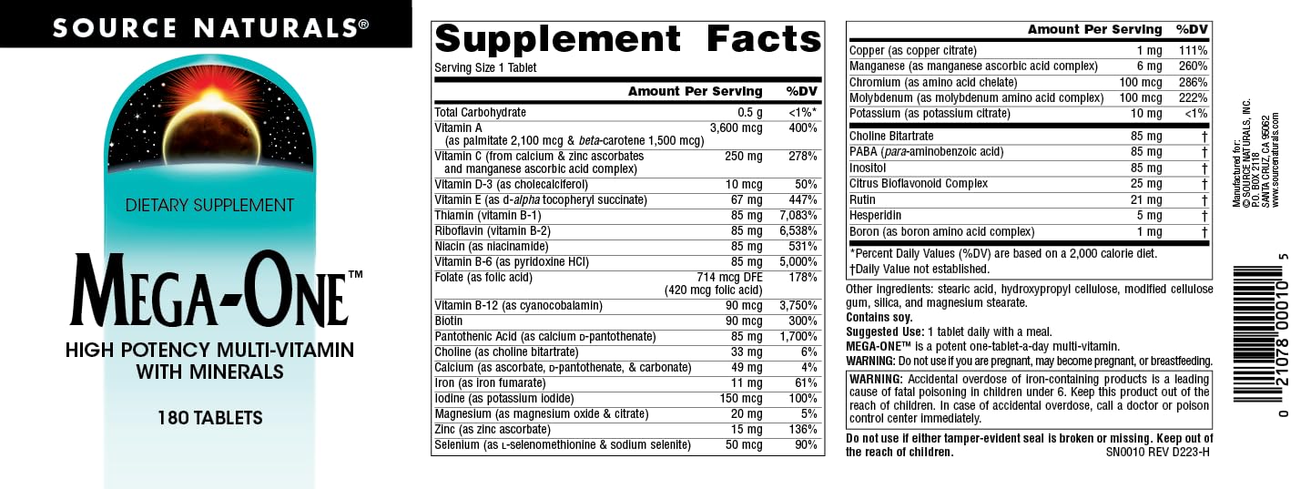 Source Naturals Mega-One Multi-Vitamin with Minerals* - 180 Tablets