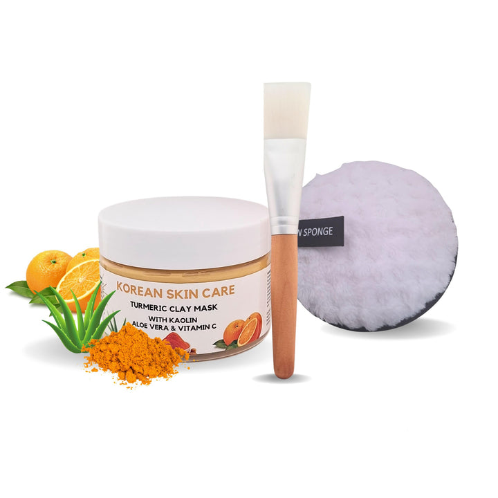 Korean Skin Care - Organic Turmeric Clay Mask Kit with Kaolin, Aloe Vera, Vitamin C, Shea Butter, Cruelty Free - Wooden Brush, Soft Cleansing Pad Cosmetic Remover