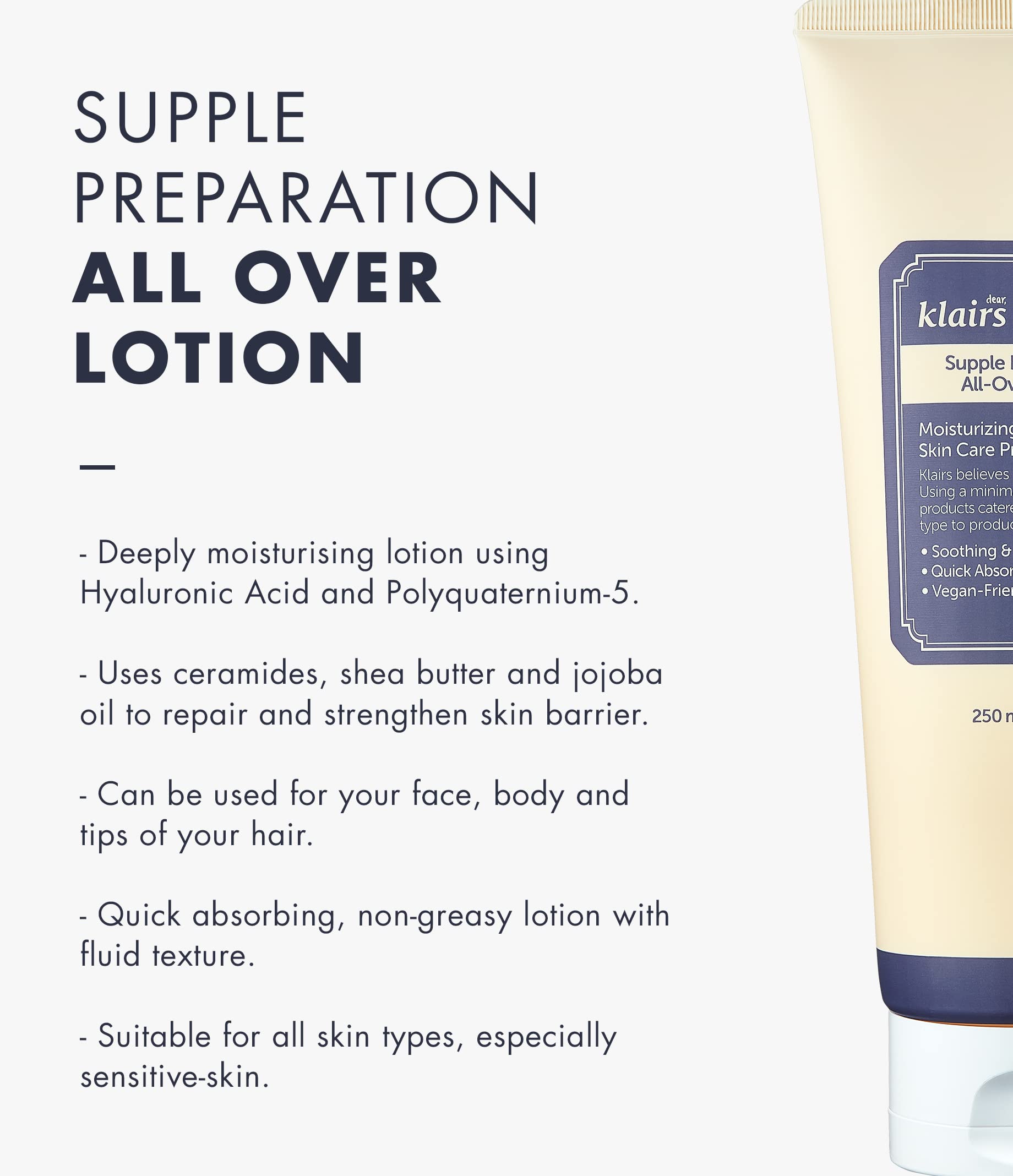 Klairs Supple Preparation All-Over Lotion, Face And Body Moisturizer, 250Ml, 8.45Oz