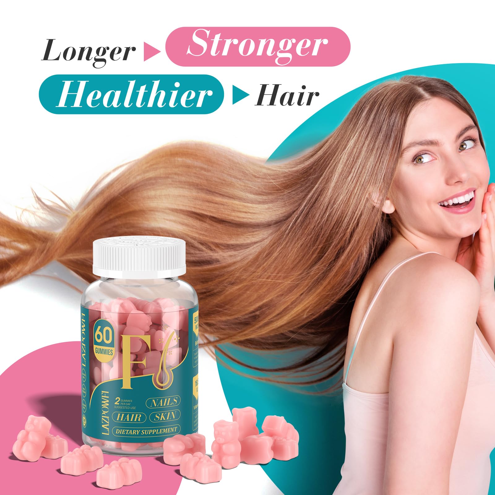 Lazpowfi Biotin Gummies -Hair Skin and Nails Vitamins for Men & Women, Vegan Vitamin B7, Supports Hair Growth and Stronger Nails,60 Day Supply-Raspberry-2 Pack