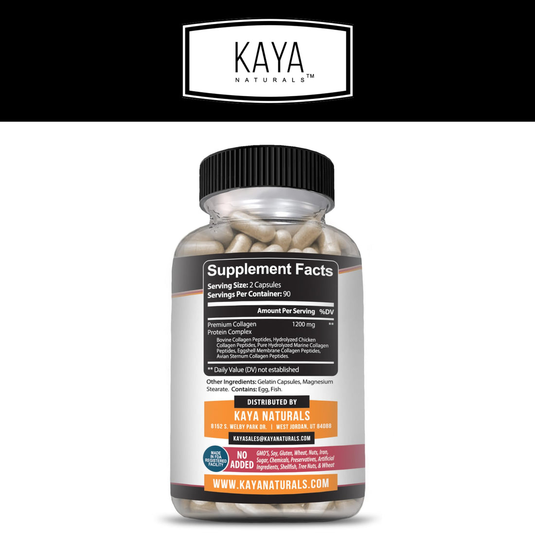 Kaya Naturals Multi Collagen Peptides Complex Powder for Women and Men, Types I, II, III, V & X | 180 Count Capsules