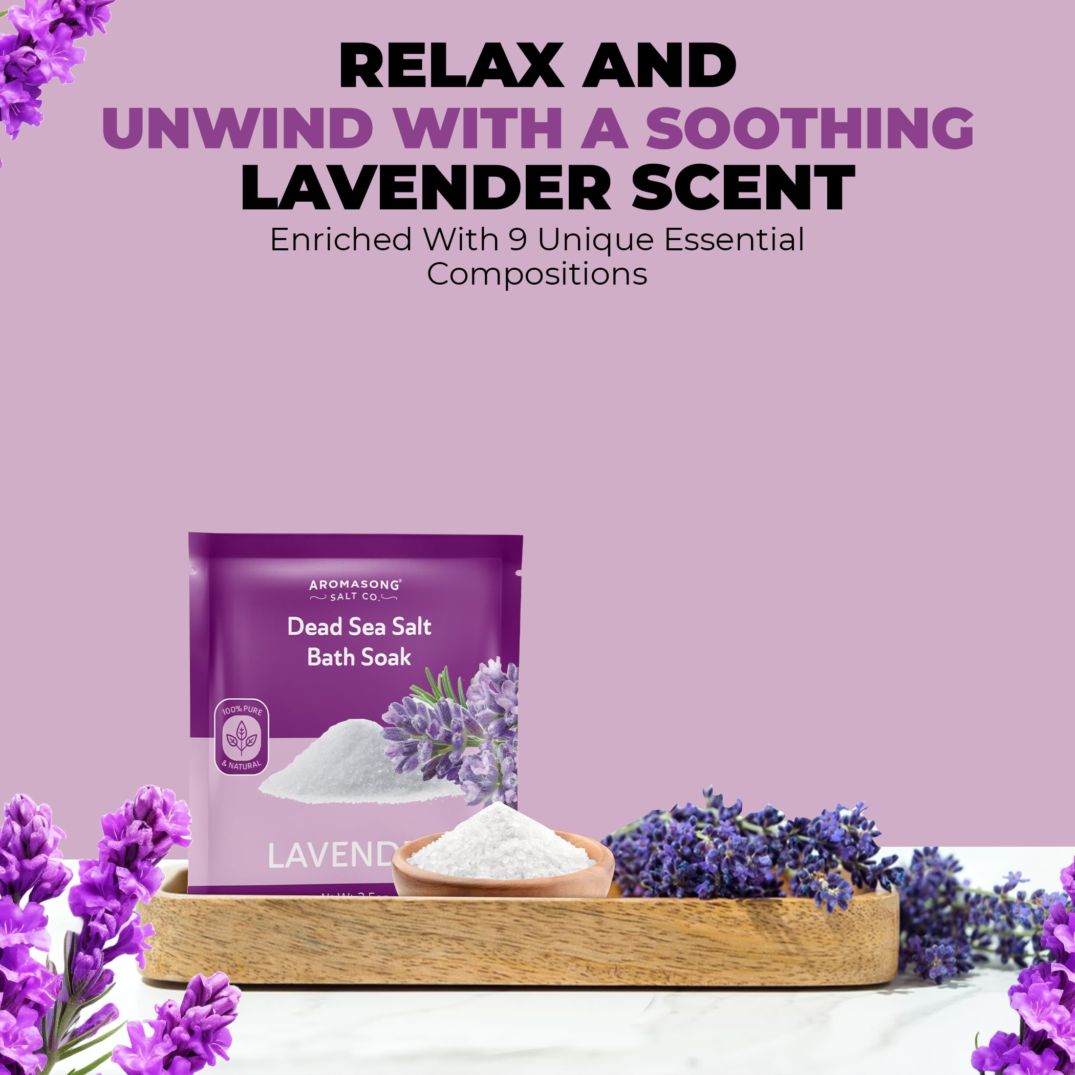 Aromasong Pure Dead Sea Salt 100% Natural Lavender Essential Oil – 2.5 oz. Spa Bath Salt Fine Grain- Christmas Stocking Stuffers for Adults, Kids, Women, and Mens soak Stocking Stuffers for Adults