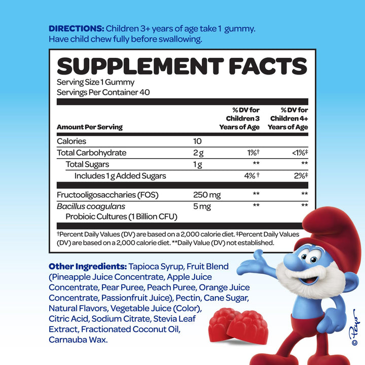 Smurfs Pre and Probiotics for Kids Gummies | Kids Probiotics Gummies for Digestion and Immunity | Made with Real Fruit | Doctor Developed | Non-GMO and No Artificial Flavors or Colors | 40 Gummies
