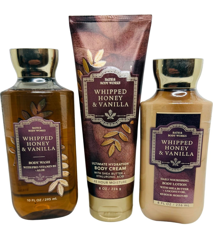 Bath & Body Works Body Whipped Honey & Vanilla Cream, Lotion and Body Gel Wash 3 Piece Set