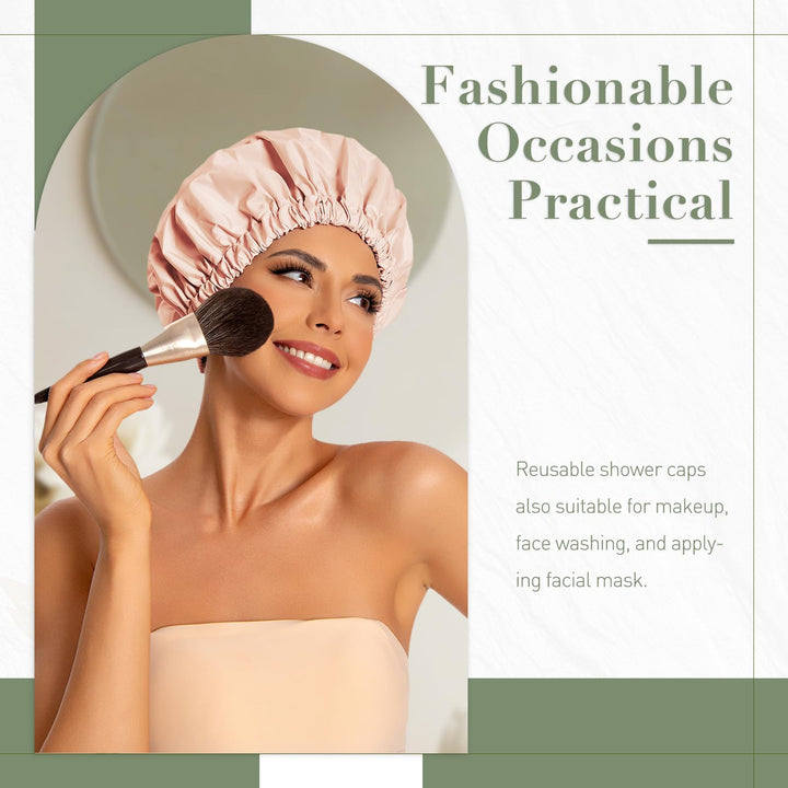 Reusable Shower Cap for Women, Large Waterproof Shower Bonnet Washable Elastic Band Bath Accessories Hair Hat for Long Hair, Braids(Beige)