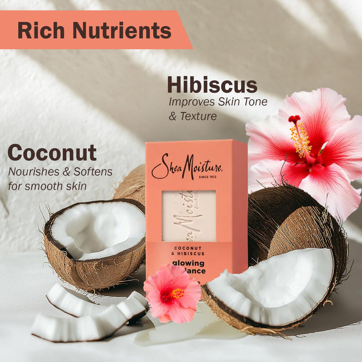 SheaMoisture Bar Soap Coconut & Hibiscus - Glowing Radiance Body Wash Bar Soap with Plant-Based Moisturizers to Gently Clean and Brighten Dull Skin - 8 oz. Bar 2 Pack