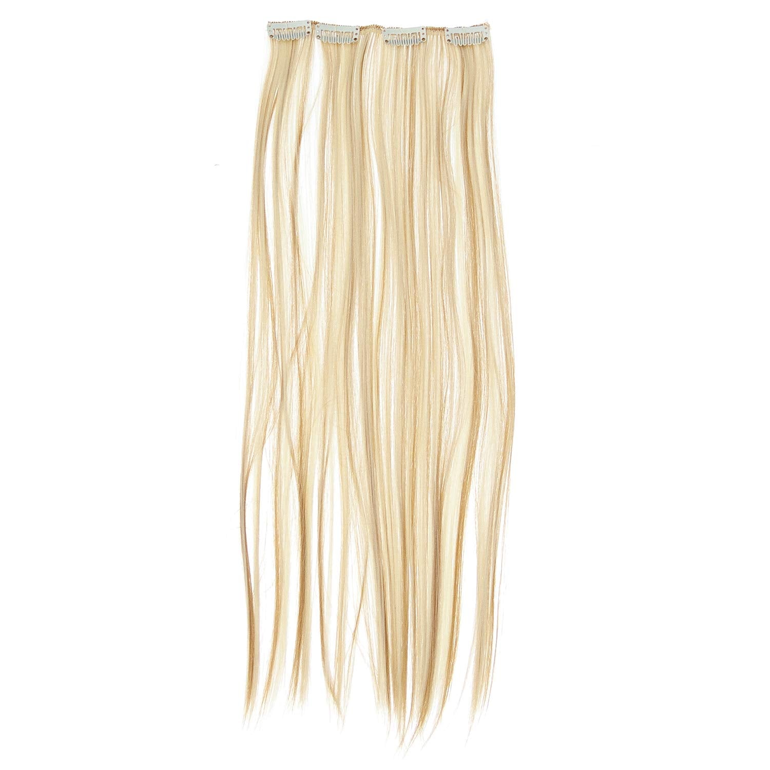 SWACC Women 22 Inches Straight Full Head 7 Separate Pieces Heat Resistance Synthetic Hair Clip in Hair Extensions (Strawberry Blonde/Bleach Blonde Highlights-27H613)