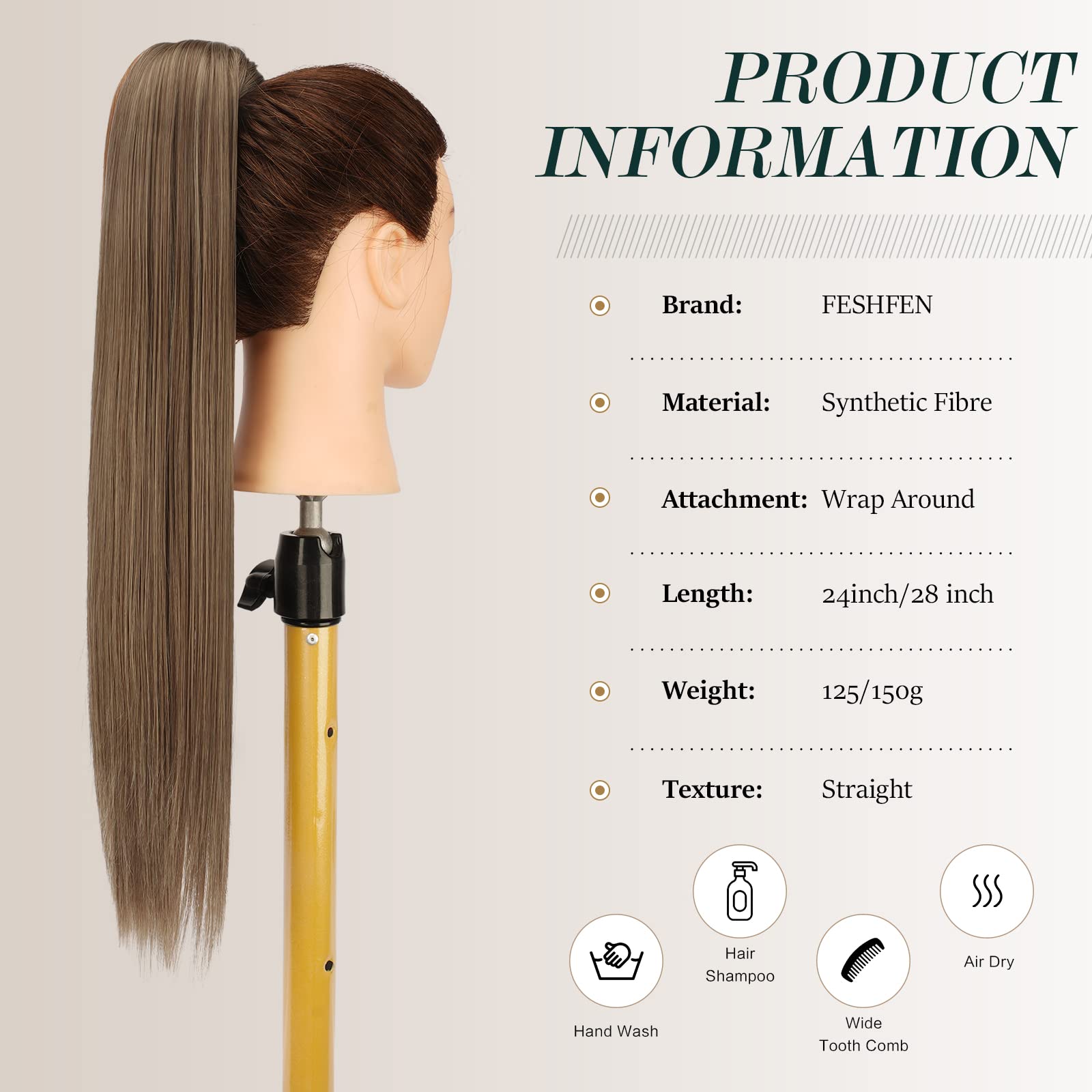 FESHFEN Straight Ponytail Extensions 28 Inch Long Wrap Around Synthetic Hair Piece Clip in Ponytail Hair Extensions Hairpiece for Women Girls 150g