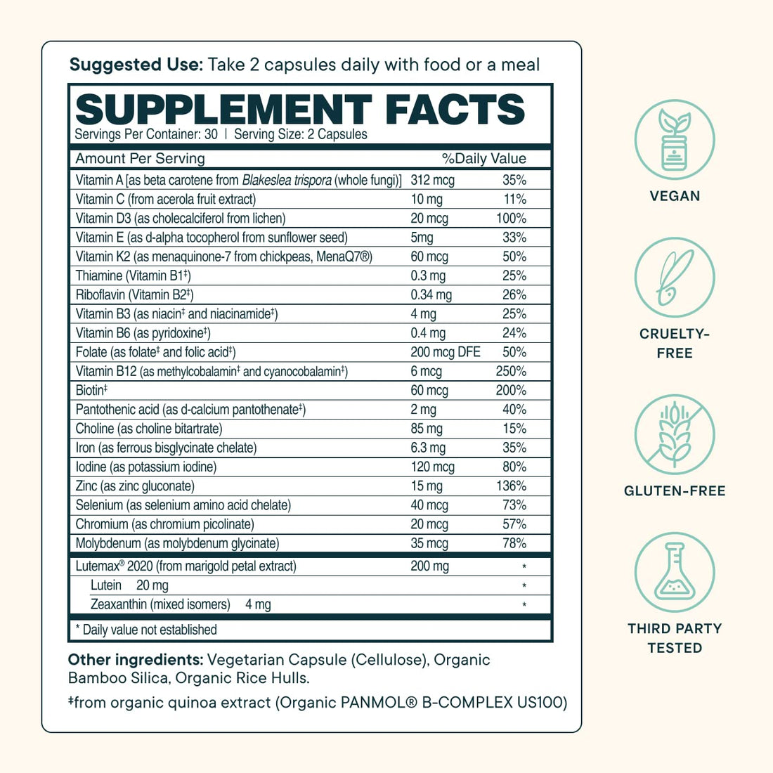 Ora Organic Plant Based Multivitamin for Women and Men, Bluelight Protection - Brain, Eye, Energy, Immune, Skin, Hair, Heart, and Bone Health Support, 60 Vegan Capsules