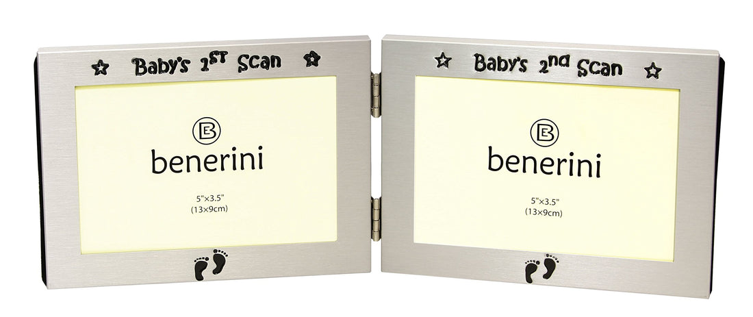benerini ' Baby's 1st Scan Picture & Baby's 2nd Scan Picture ' - Twin Folding Photo Picture Frame Baby Christening Gift - 5 x 3.5