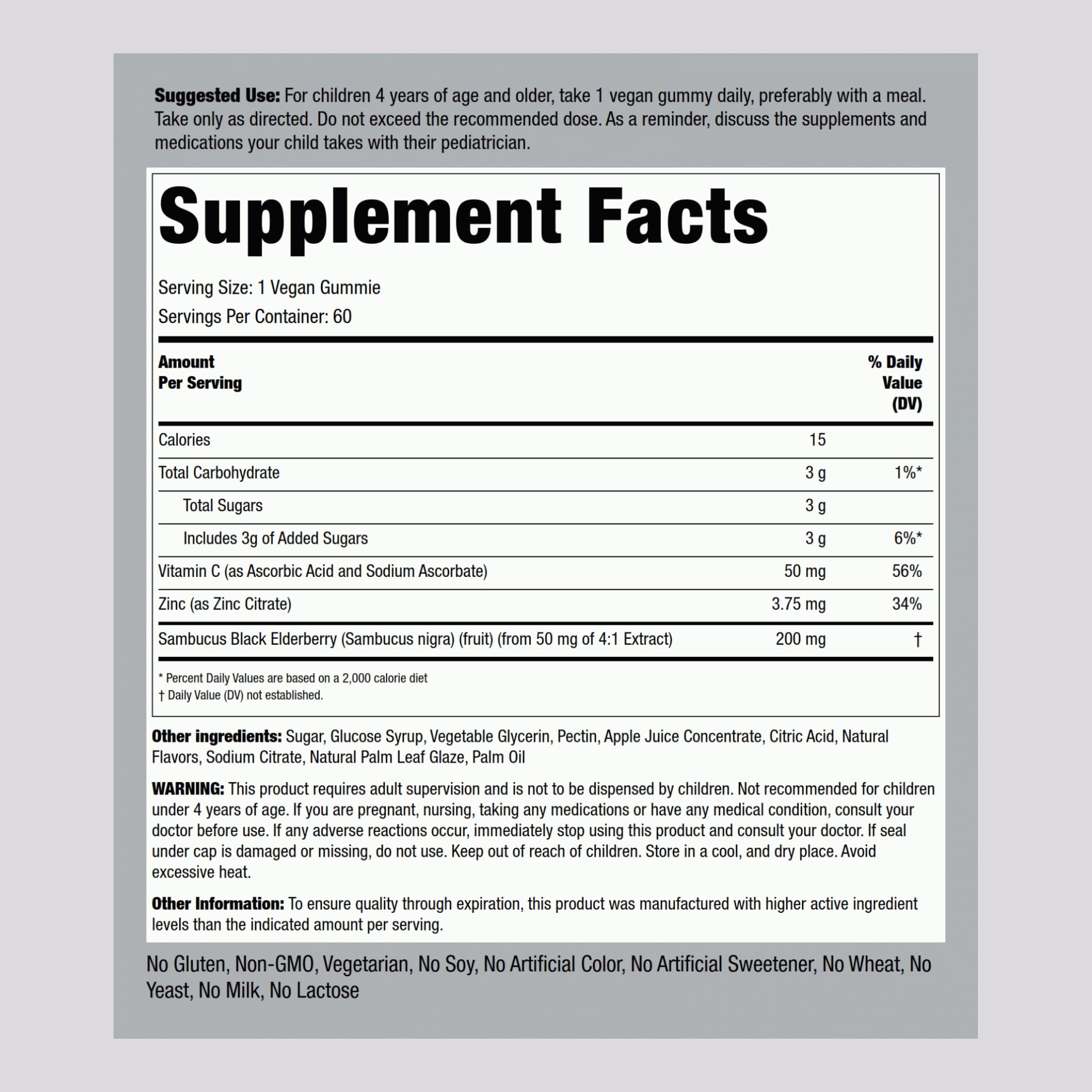 Piping Rock Kids Elderberry Gummies | 60 Count | with Vitamin C and Zinc | Berry Flavor Vitamins | Vegan, Non-GMO, Gluten Free Supplement