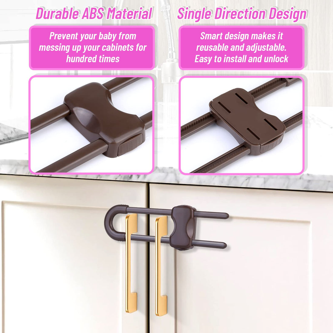 12 Packs Baby Proofing Sliding Cabinet Locks modacraft U-Shaped Child Safety Latches Adjustable White Locks for Handles Knobs Drawers Closet Cupboard - Brown