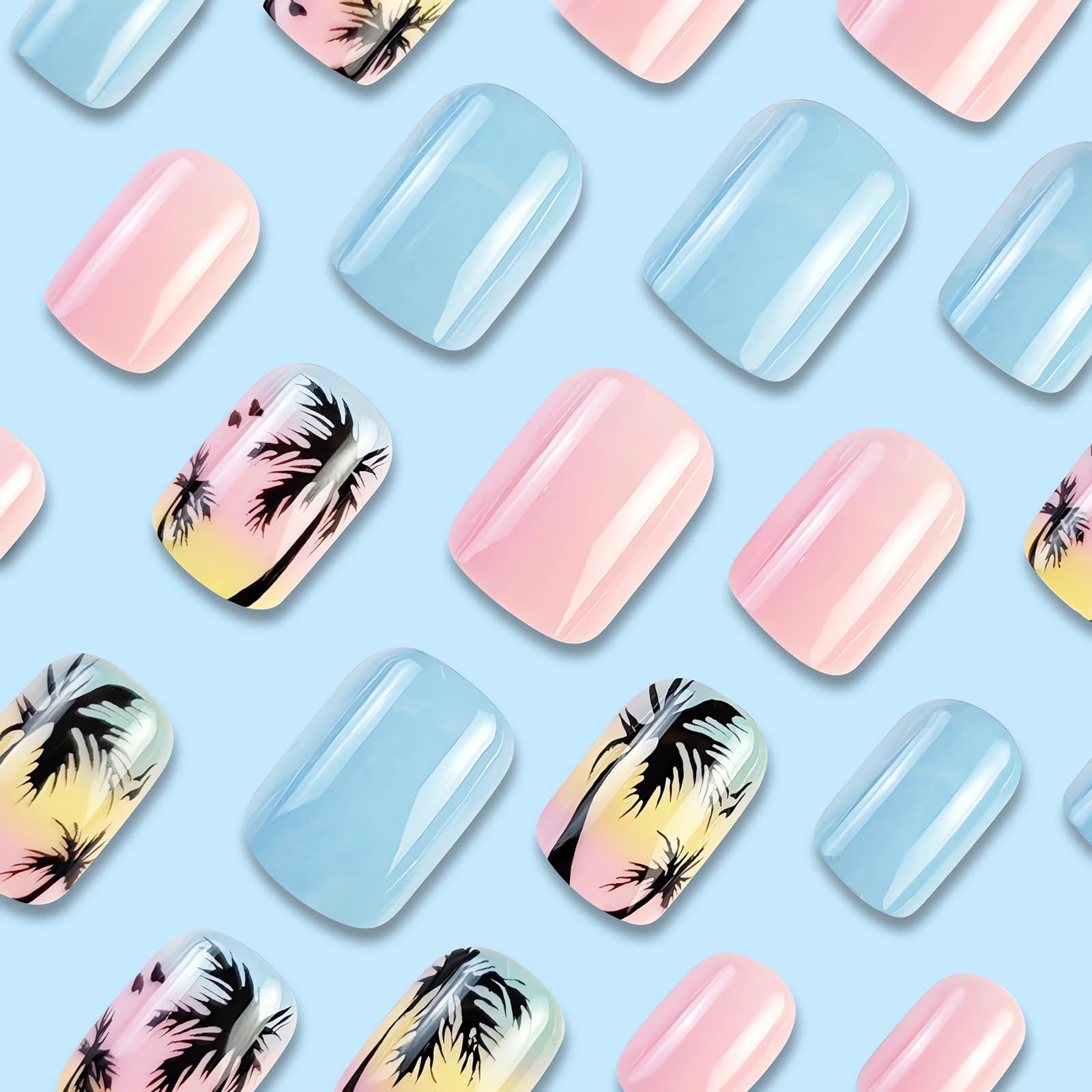 Short Press on Nails Square Fake Nails Summer Palm Tree Acrylic Nails Press ons Glossy Blue Pink Glue on Nails with Twilight Beach Designs Short False Nails Summer Artificial Nails for Women Girls