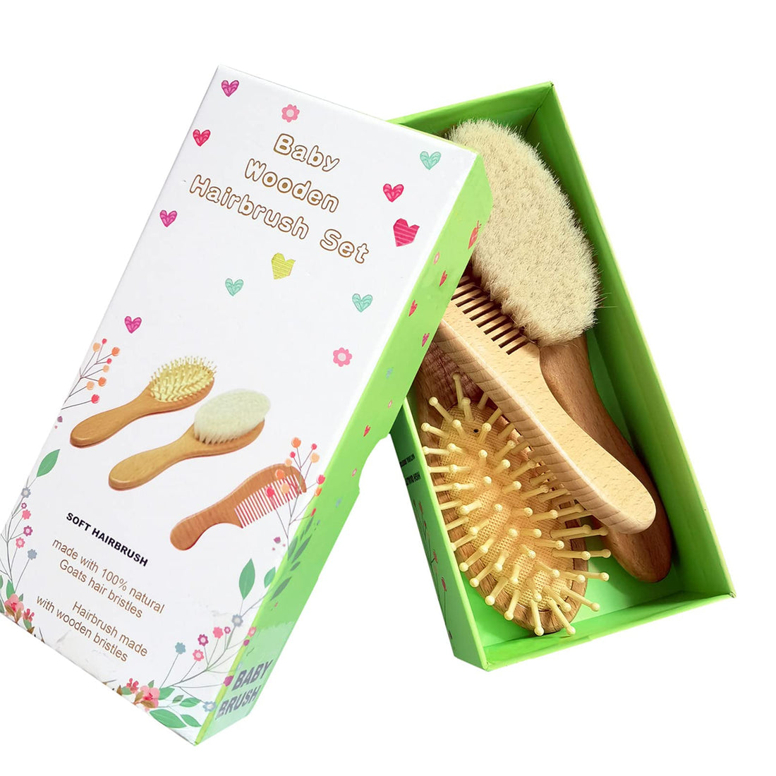 Molylove 3 Piece Baby Hair Brush and Comb Set for Newborn & Toddlers- Natural Wooden Hairbrush with Soft Goat Bristles for Cradle Cap - Perfect Scalp Grooming Product for Infant, Toddler, Kids, Baby