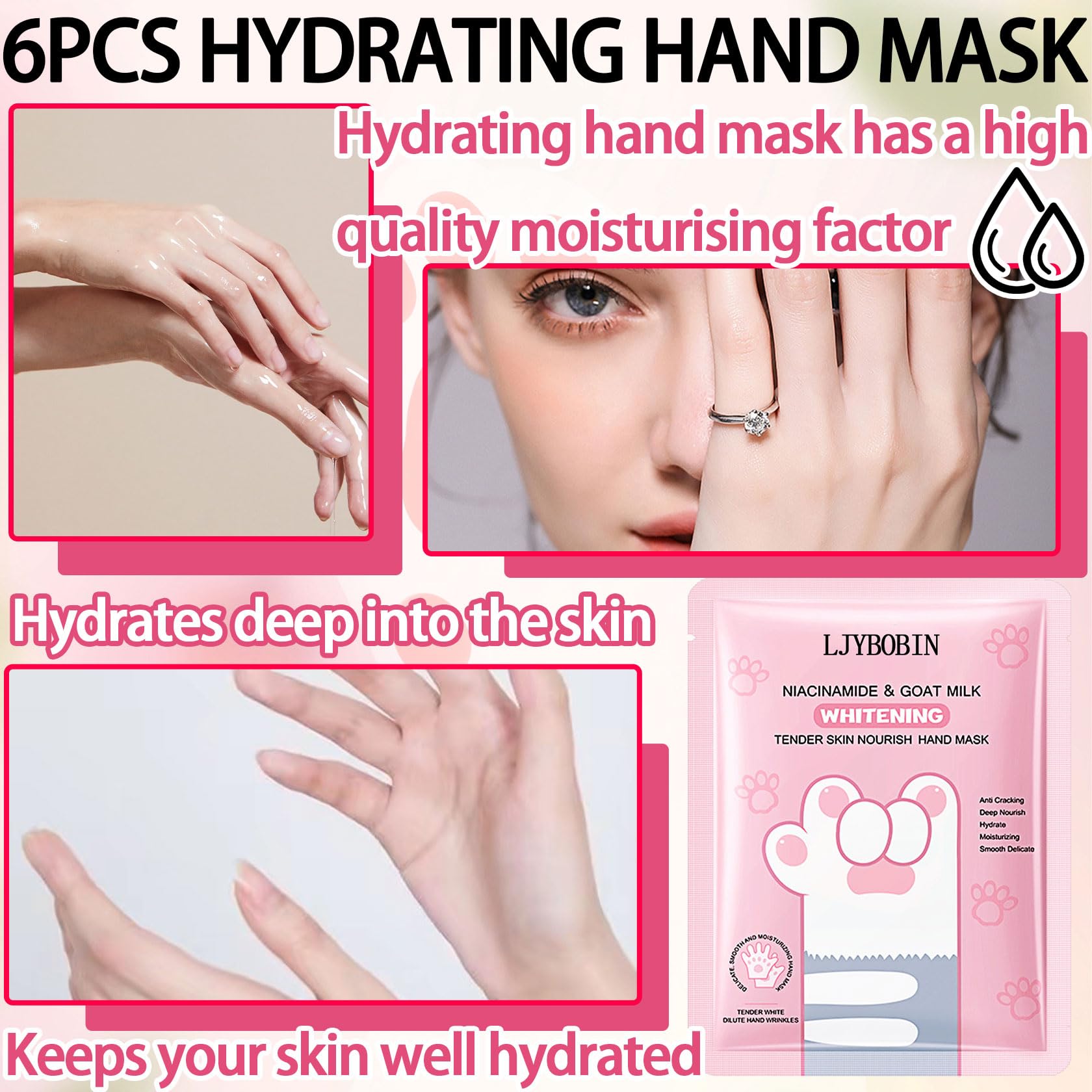 LJYBoBin 6PCS Hydrating Hand Mask Gifts Set,Intensive Cute Hand Masks for Dry Cracked Hands,Gentle Long Lasting Hand Masks Moisturizing Gloves for Soft and Smooth Touch Hands