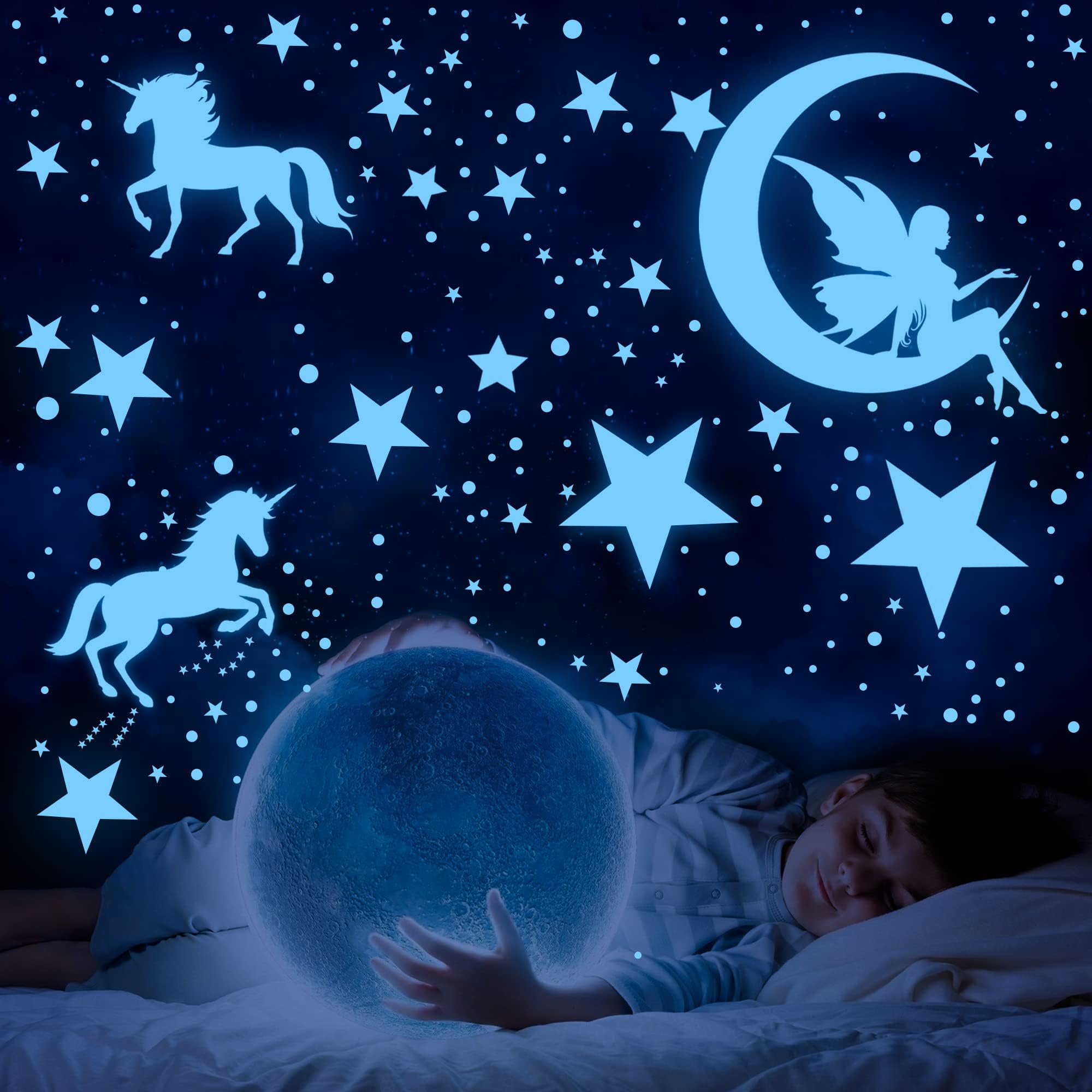 Glow in The Dark Stars for Ceiling,Unicorn Wall Decals Stickers Wall Decor for Girls Bedroom Luminous Glow Unicorn Stars Planet Ceiling Stickers for Baby Boys Kids Playroom Living Room Nursery