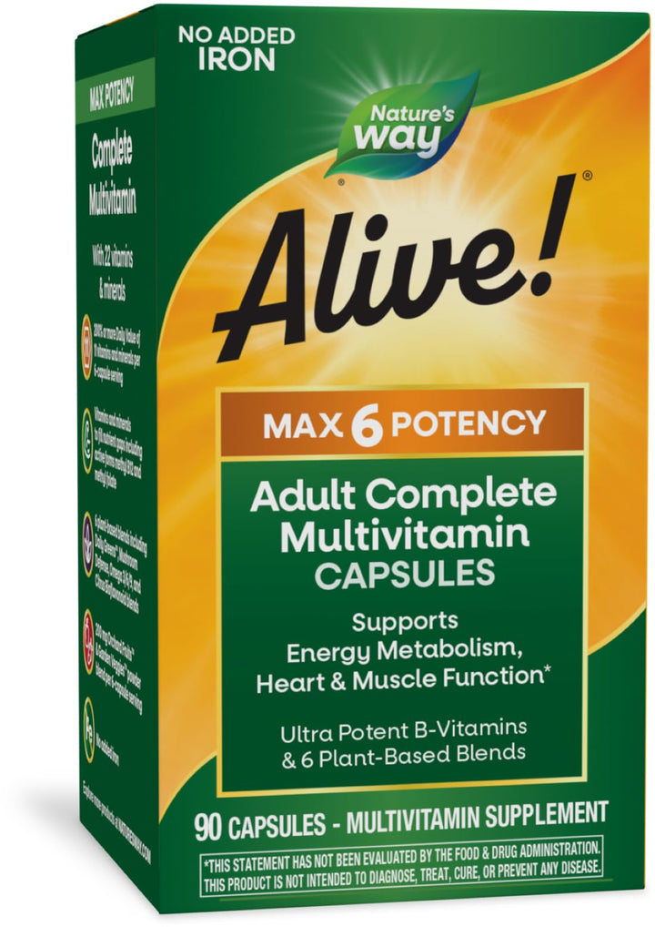 Nature's Way Alive Max6 Potency Adult Complete Multivitamin, Vitamins A,C, E & B-Vitamins Including Methyl B12 & Folate, Supports Energy Metabolism*, No Added Iron, 90 Capsules (Packaging May Vary)