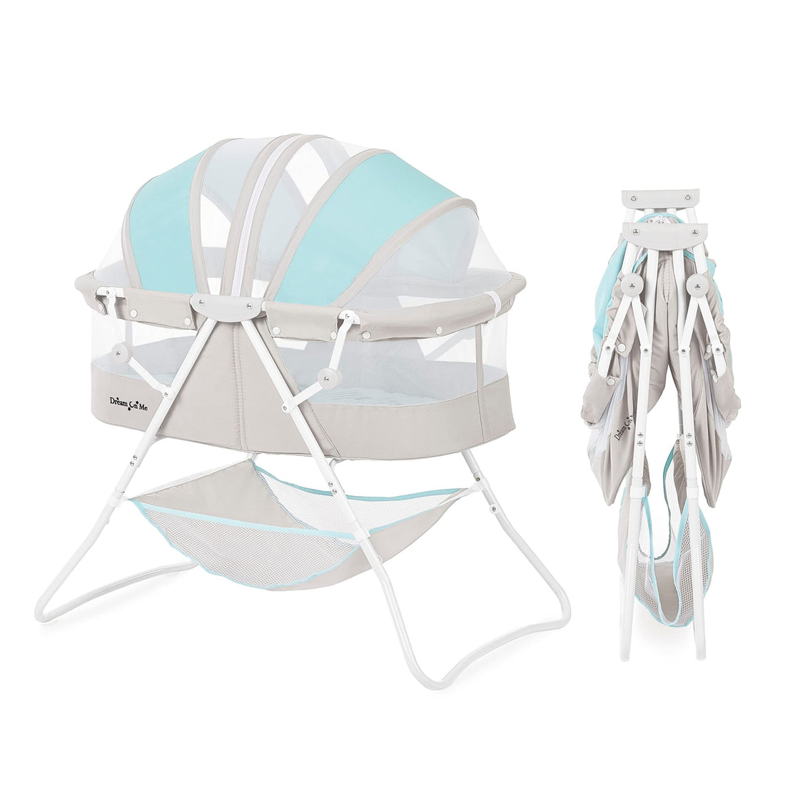 Dream On Me Karley Bassinet in Blue & Grey, Lightweight Portable Baby Bassinet, Quick Fold and Easy to Carry , Adjustable Double Canopy, Indoor and Outdoor Bassinet with Large Storage Basket.