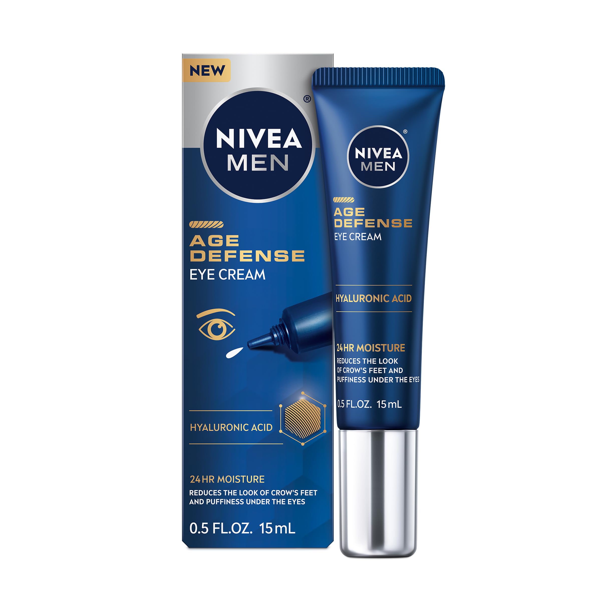 NIVEA MEN Age Defense Eye Cream with Hyaluronic Acid, 24-Hour Hydrating Under Eye Cream for Men Helps Reduce Look of Crow's Feet, Fine Lines and Dark Circles, 0.5 Fl Oz Tube