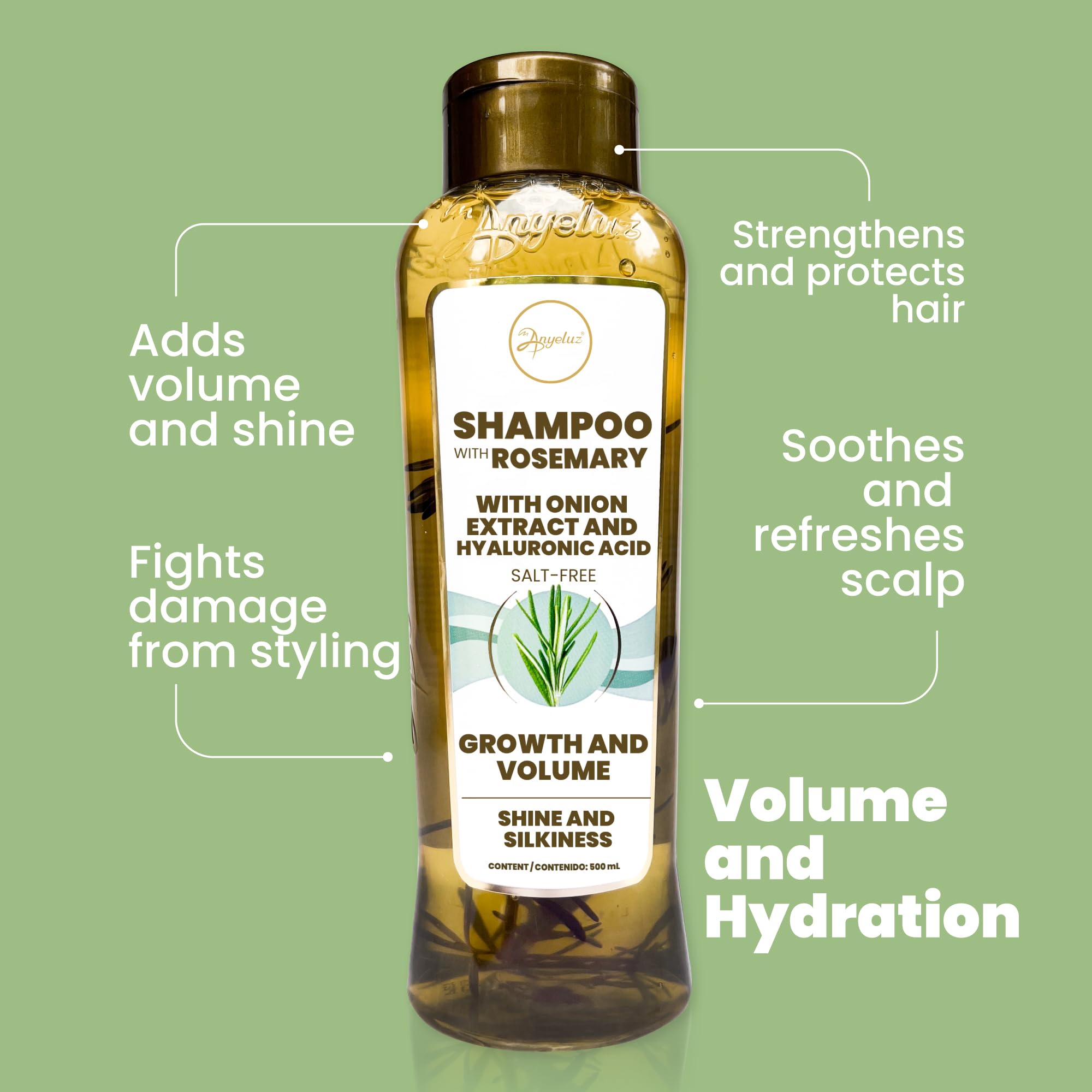 ANYELUZ Kit Duo Rosemary Shampoo + Mini Travel Size, With Onion Extract, Hyaluronic Acid and Rosemary