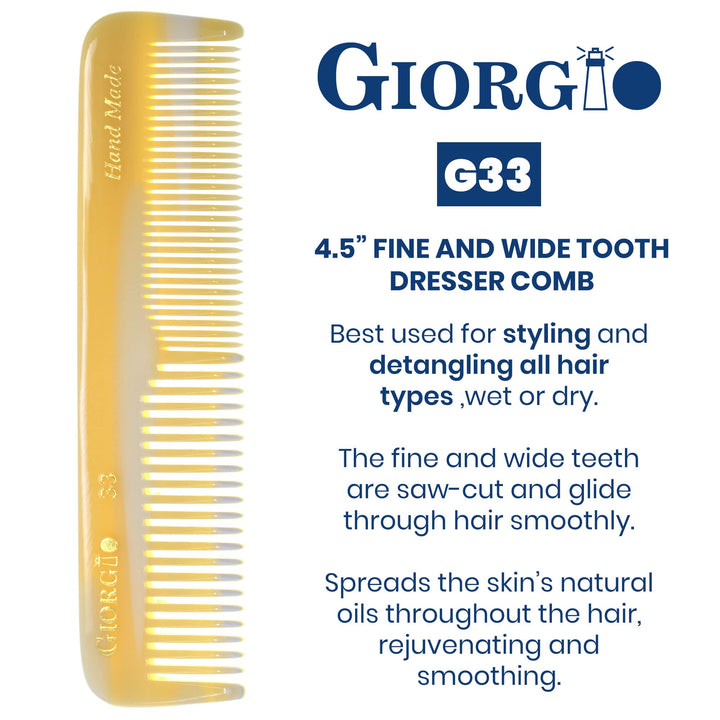 Giorgio G33 4.45 113mm Coarse/Fine Toothed, Flexible men's Hair, Beard & Mustache Pocket Comb.
