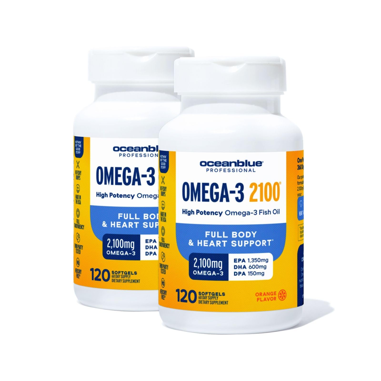 Oceanblue Professional Omega-3 2100 – 120 ct – 2 Pack – Triple Strength Burpless Fish Oil Supplement with High- Potency EPA, DHA, DPA – Wild-Caught – Orange Flavor (120 Servings)
