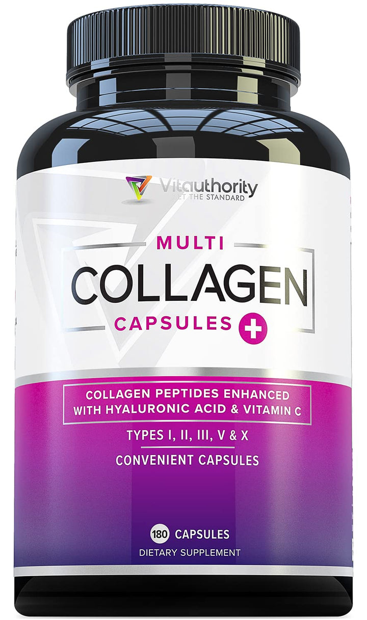 Vitauthority Multi Collagen Pills for Women and Men High Absorption Hydrolyzed Peptides Capsules for Hair Skin and Nails with Types I II III V X Hyaluronic Acid and Vitamin C - 60 Servings