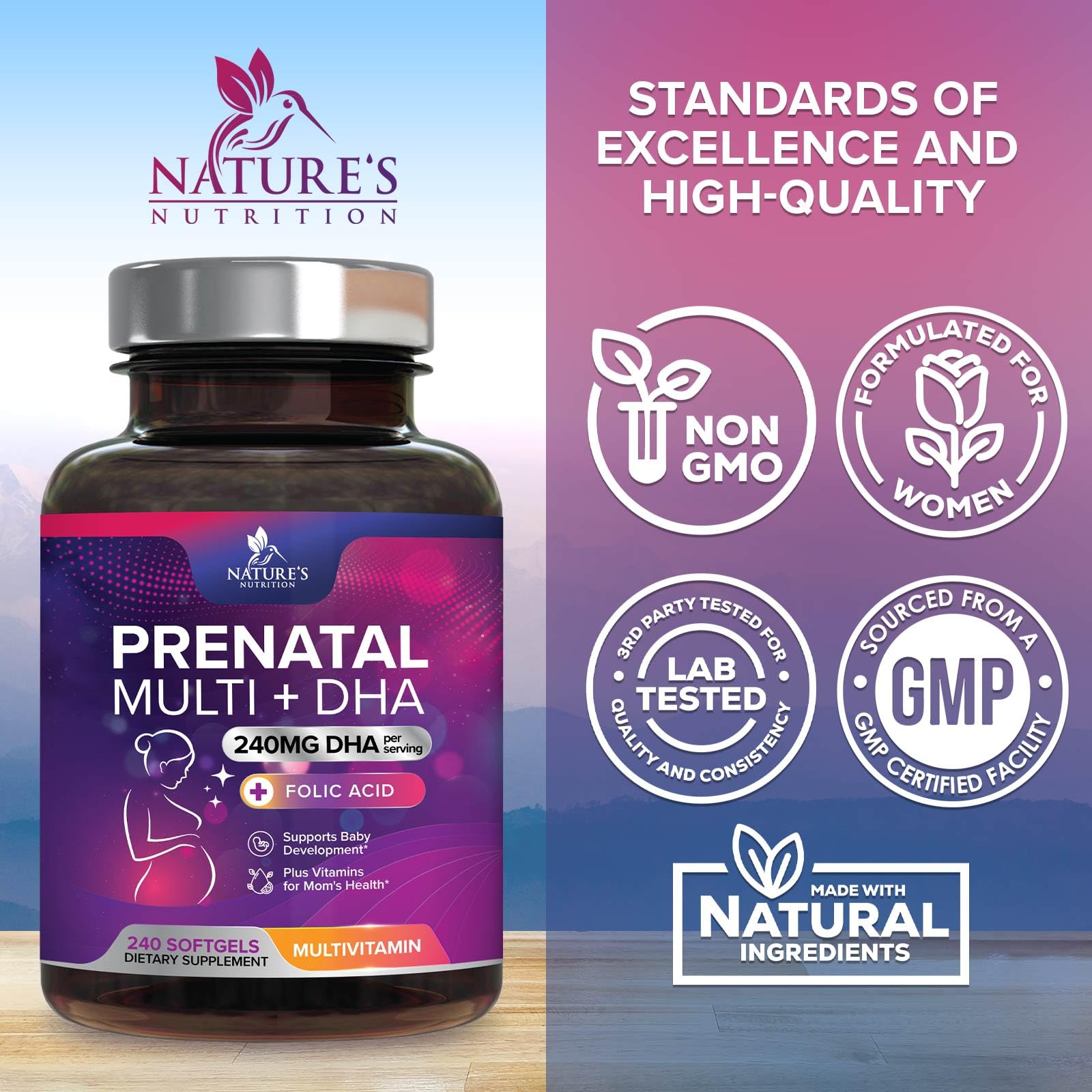 Women's Prenatal Multivitamin with Folic Acid + DHA, Prenatal Vitamin Supplement for Fetal Support w/Folate, Omega 3, Vitamins D3, B6, B12 & Iron, Pregnancy Prenatal DHA, Non-GMO - 240 Softgels