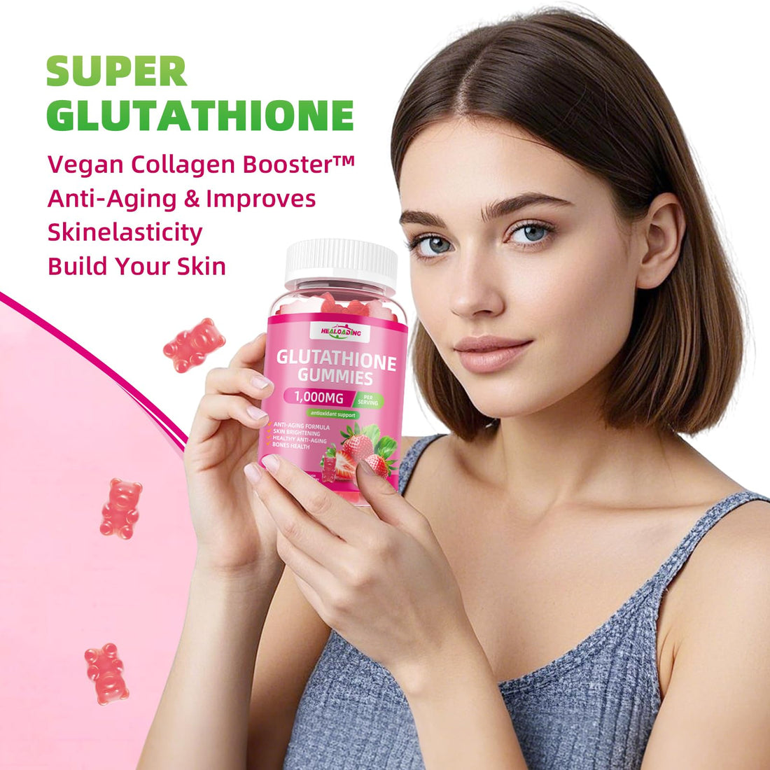 HEALOADING Glutathione Supplement Collagen Gummies: L-Glutamine Contains Marine Collagen Vitamins C, E, D&B12 Glutathione Gummies 1000mg for Anti-Aging Formula and Strengthen Bones