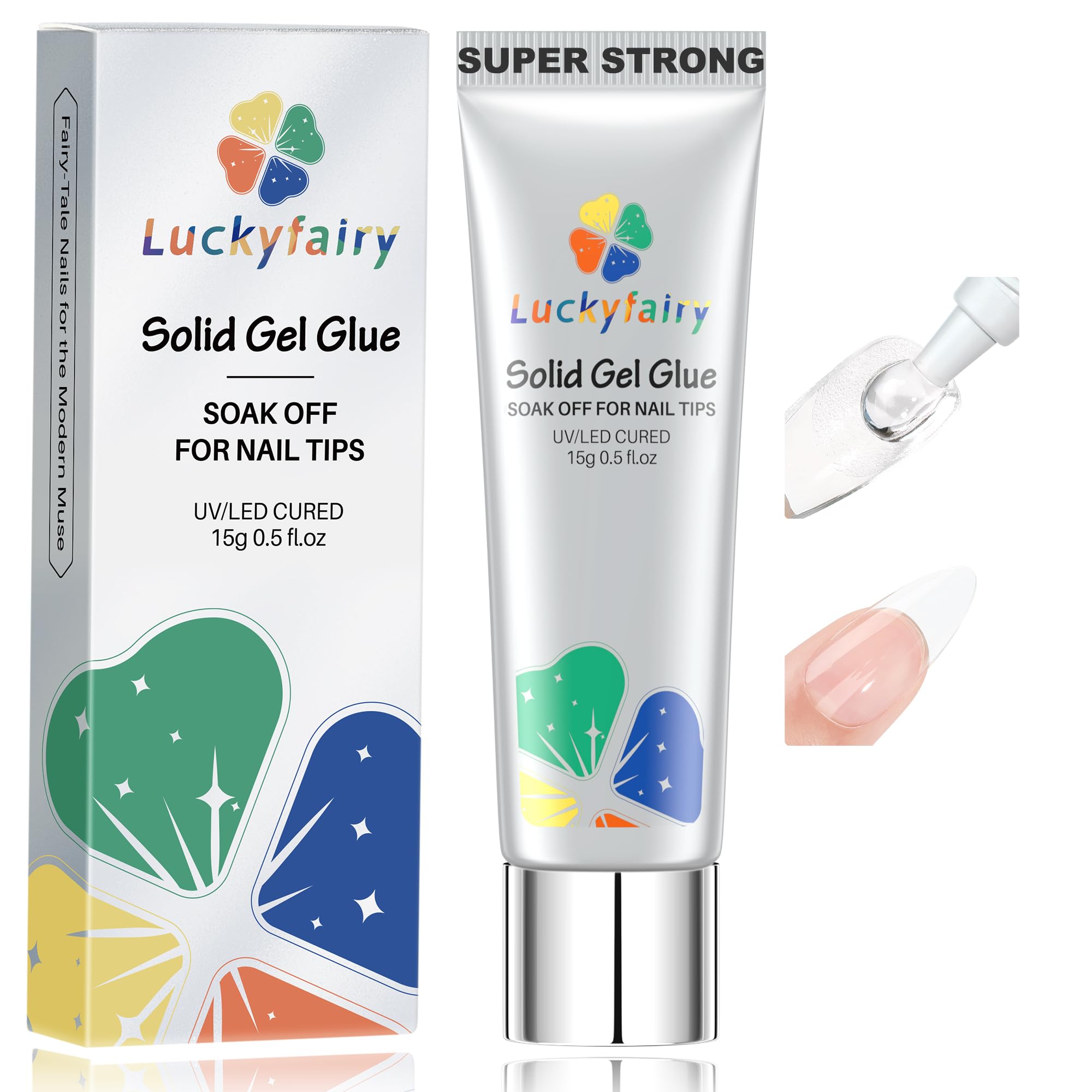 Luckyfairy Nail Glue Gel for Nail Tips, Super Strong Solid Gel Glue U V Cured Needed, 15ml Soak Off Soft Adhesive Bonding for Acrylic Nails, Nails Extension Fake Nails