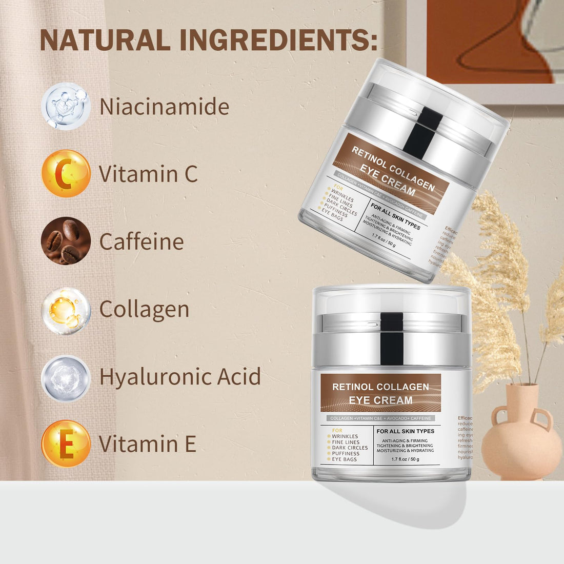 Retinol Eye Cream for Dark Circles and Puffiness Bags, Caffeine Eye Creams with Collagen,Vitamin C & E,Avocado,Under Eyes Repair Creams, Anti Aging Wrinkle Eye Cream for Women Men Christmas Gifts