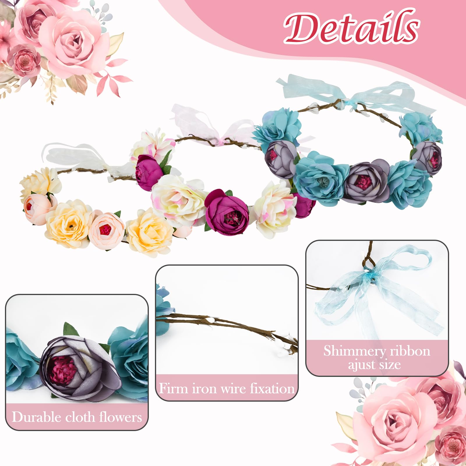REVEW 3PCS Handmade Flower Headband Floral Crown, Bridal Hair Wreath Wedding Halo Floral Garland Headbands Headpiece With Ribbon For Wedding Party Photo Props