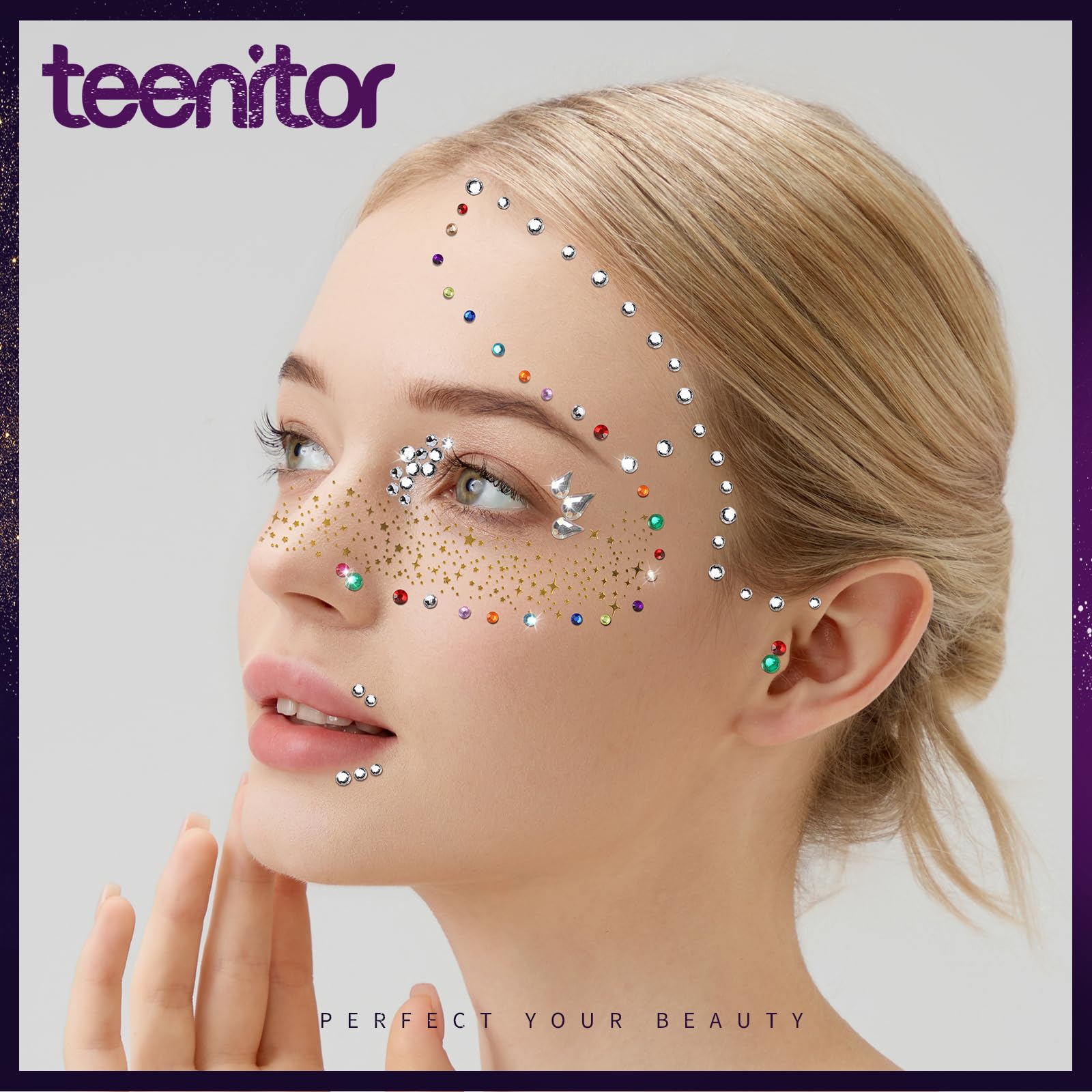 Teenitor Face Gems and Face Glitter Freckles Kit, 4pcs Gold Sparkle Freckles Face Tattoo and 3pcs Face Rhinestones for Makeup, Face Glitter Tattoos, Rhinestone Face Jewels for Women