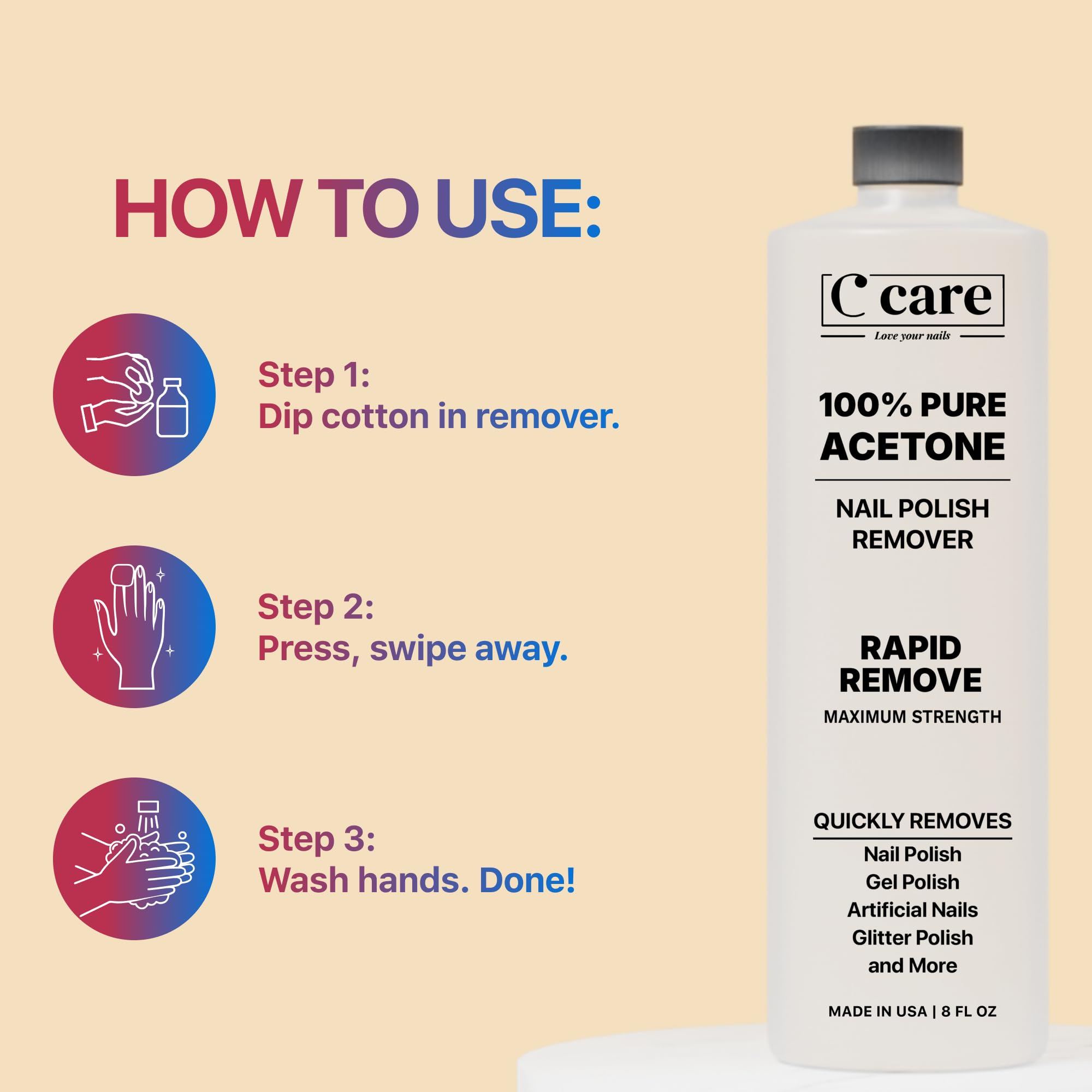 C CARE 100% Pure Acetone Nail Polish Remover | Professional Quality | Rapidly Removes Natural, Gel, Acrylic, and Glitter Nails | 16 Fl oz