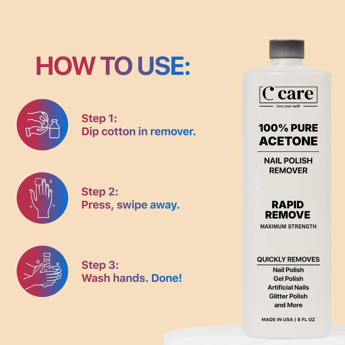 C CARE 100% Pure Acetone Nail Polish Remover | Professional Quality | Rapidly Removes Natural, Gel, Acrylic, and Glitter Nails | 16 Fl oz